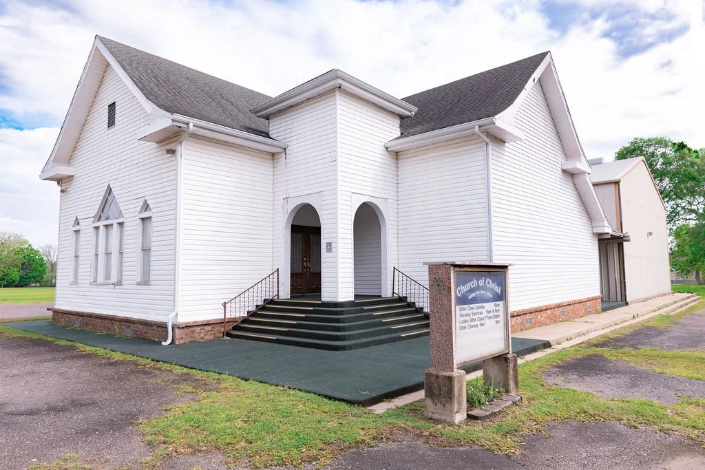 Exterior of the Normangee Church of Christ building where Christians gather to study and worship.