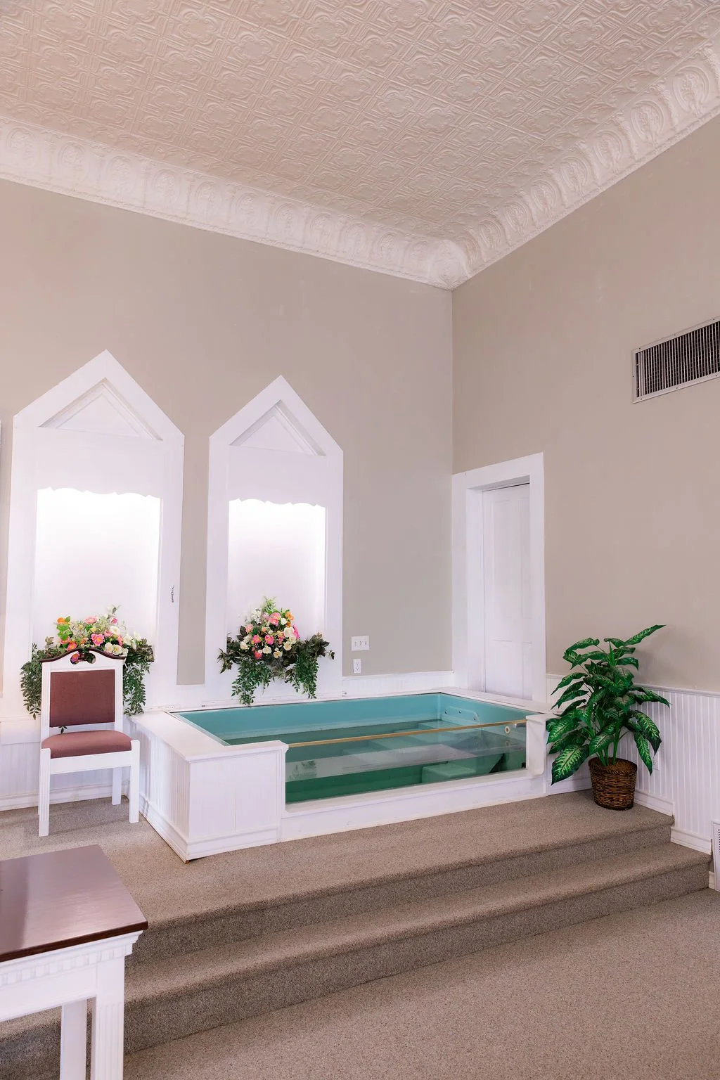 Indoor baptistry at the Normangee church of Christ | Reach out if you would like to study about baptism or have any other Bible questions.