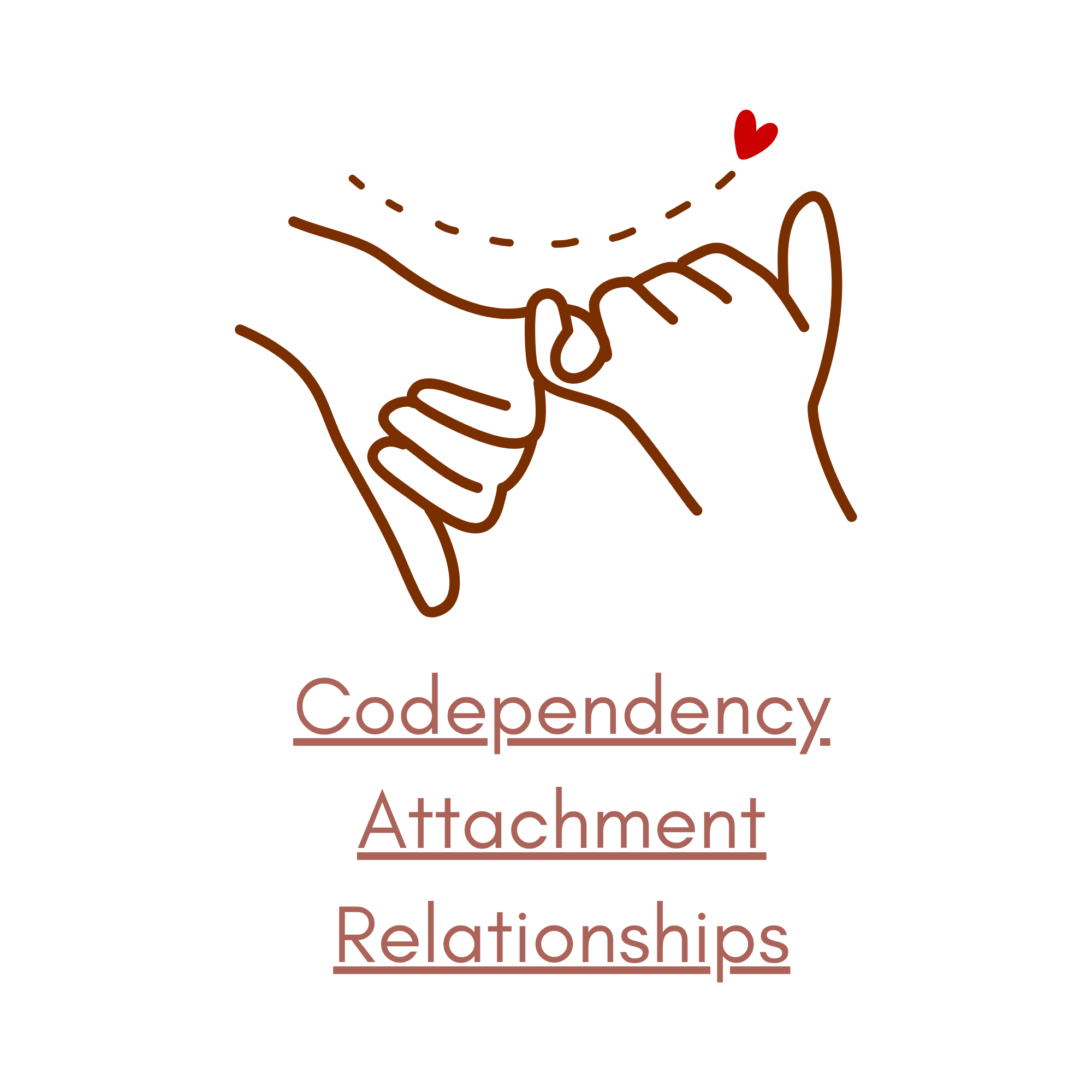 Line drawing of two hands holding each other, with a small red heart above. Below the drawing are the words "Codependency. Attachment Relationships" in brownish text.