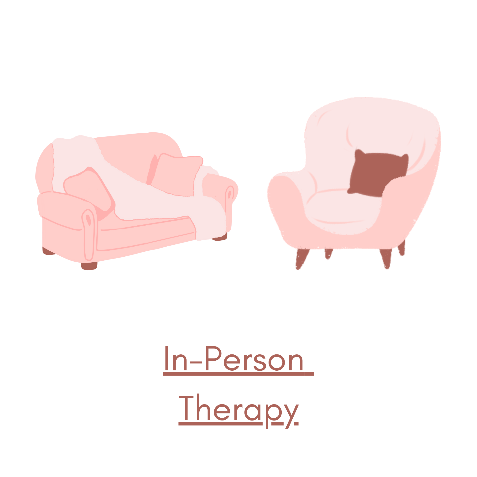 Illustration of two pink armchairs with a blanket and pillow, labeled 'In-Person Therapy'.