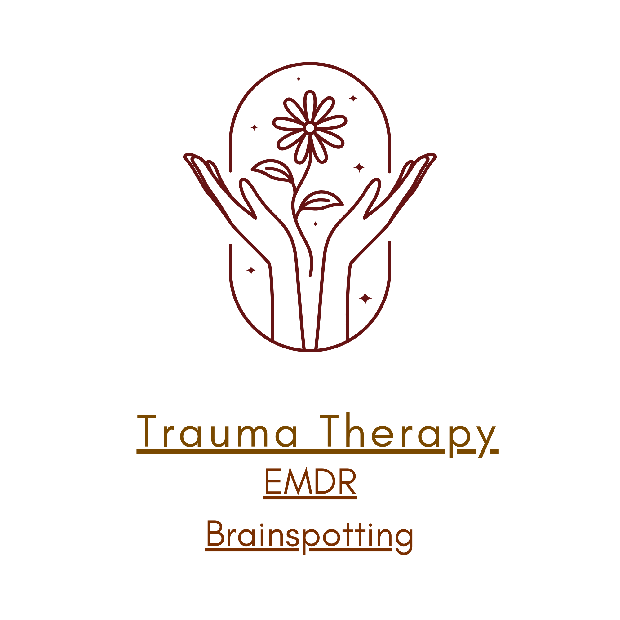 Logo for Trauma Therapy EMDR Brainspotting featuring a stylized drawing of two hands holding a flower with sparkles around it, and the text 'Trauma Therapy EMDR Brainspotting' below.