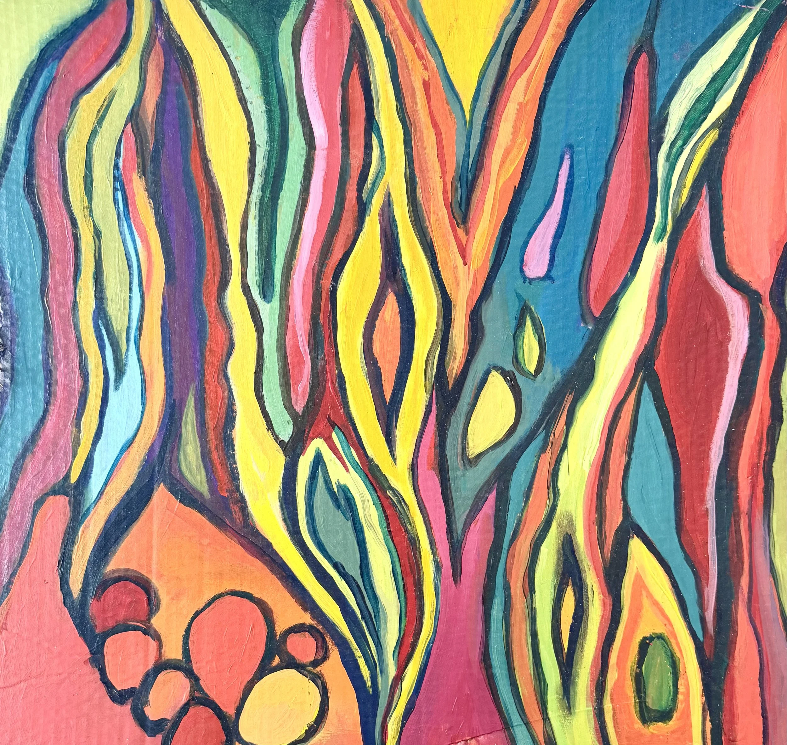 Abstract painting with multicolored, wavy lines and shapes, including clusters of circles in the bottom left corner.