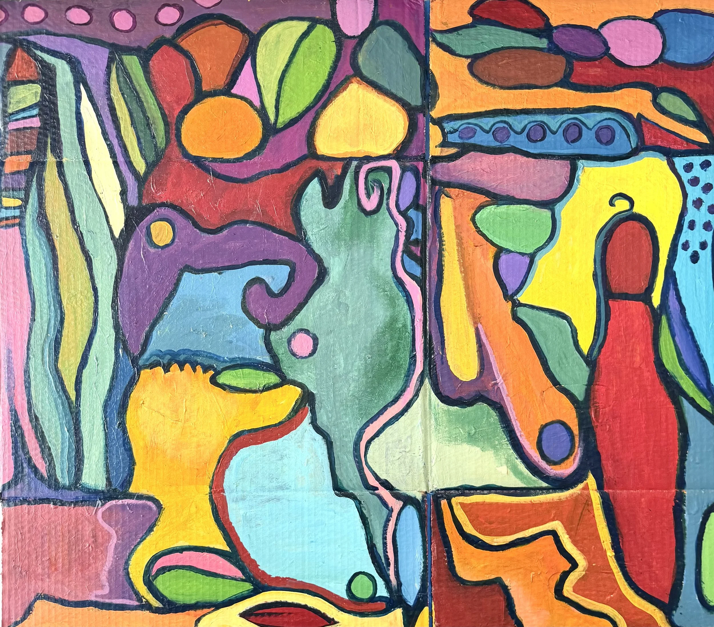 Vibrant abstract painting featuring a variety of colorful shapes and lines, including a blue fish, a yellow vase, and a red bottle, with bold black outlines and a textured background.
