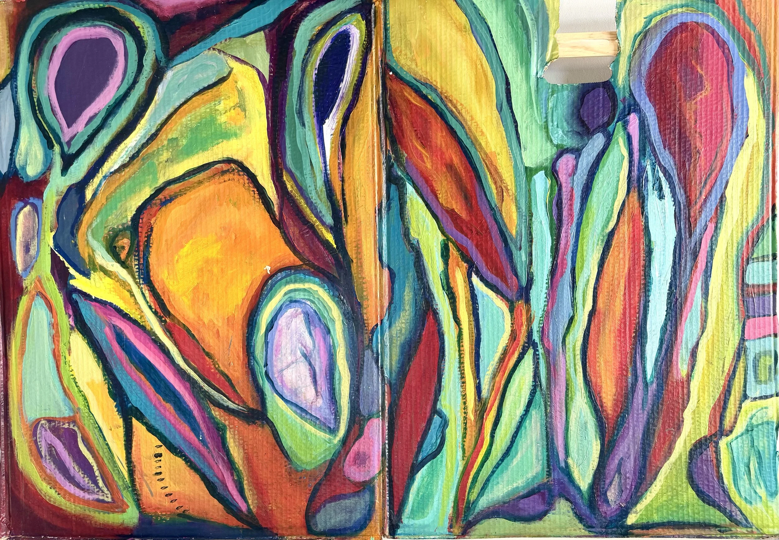 Abstract colorful painting with bold black outlines, featuring various shapes and vibrant hues of yellow, orange, red, green, blue, purple, and pink.