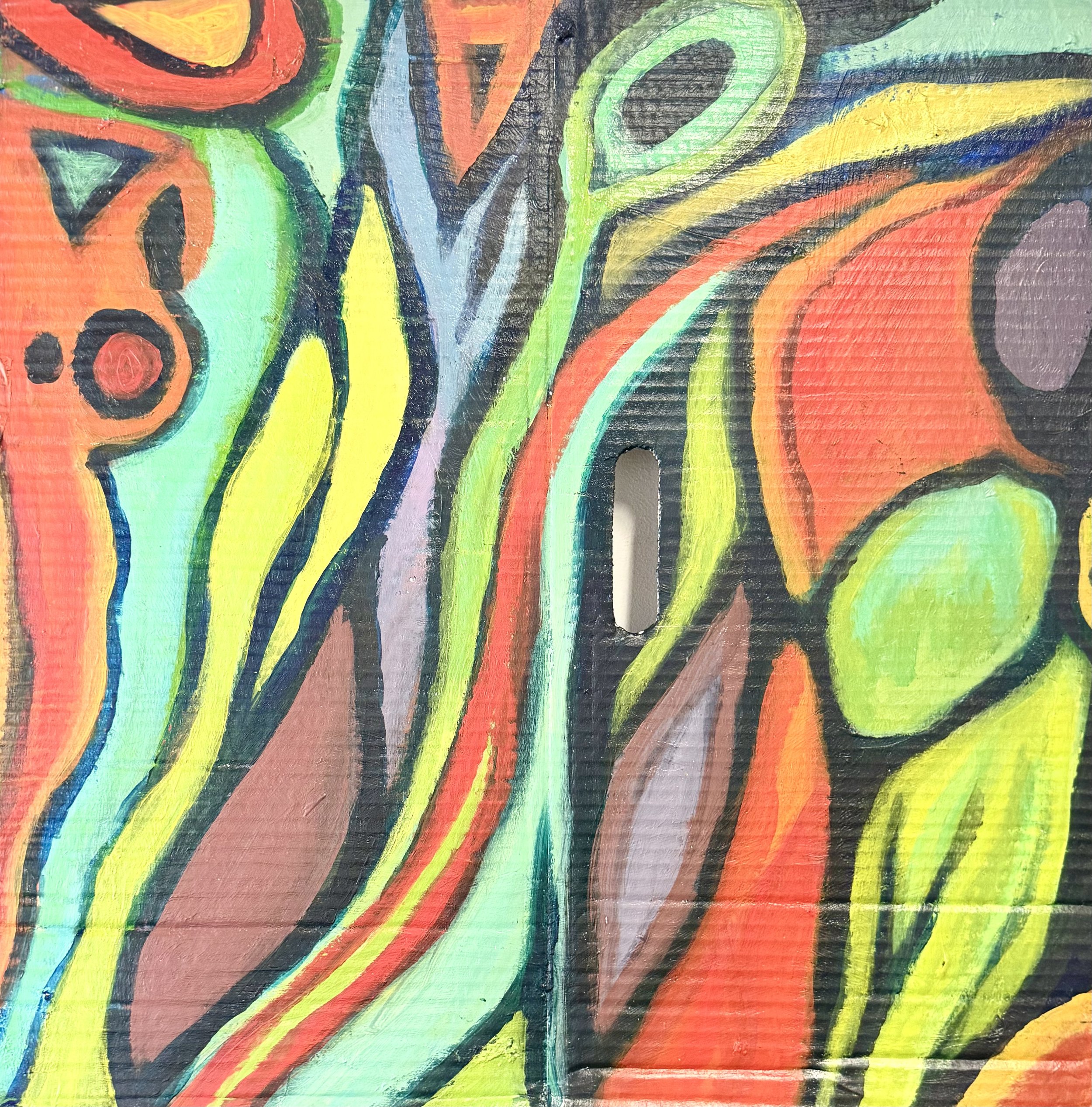 Close-up of an abstract painting with vibrant colors and bold black outlines, featuring swirling shapes in green, yellow, orange, red, purple, and blue.