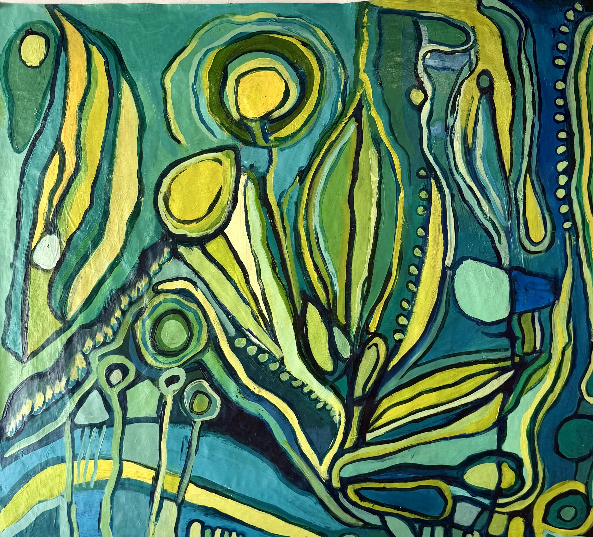 Abstract painting with swirling blue, green, and yellow lines and shapes.