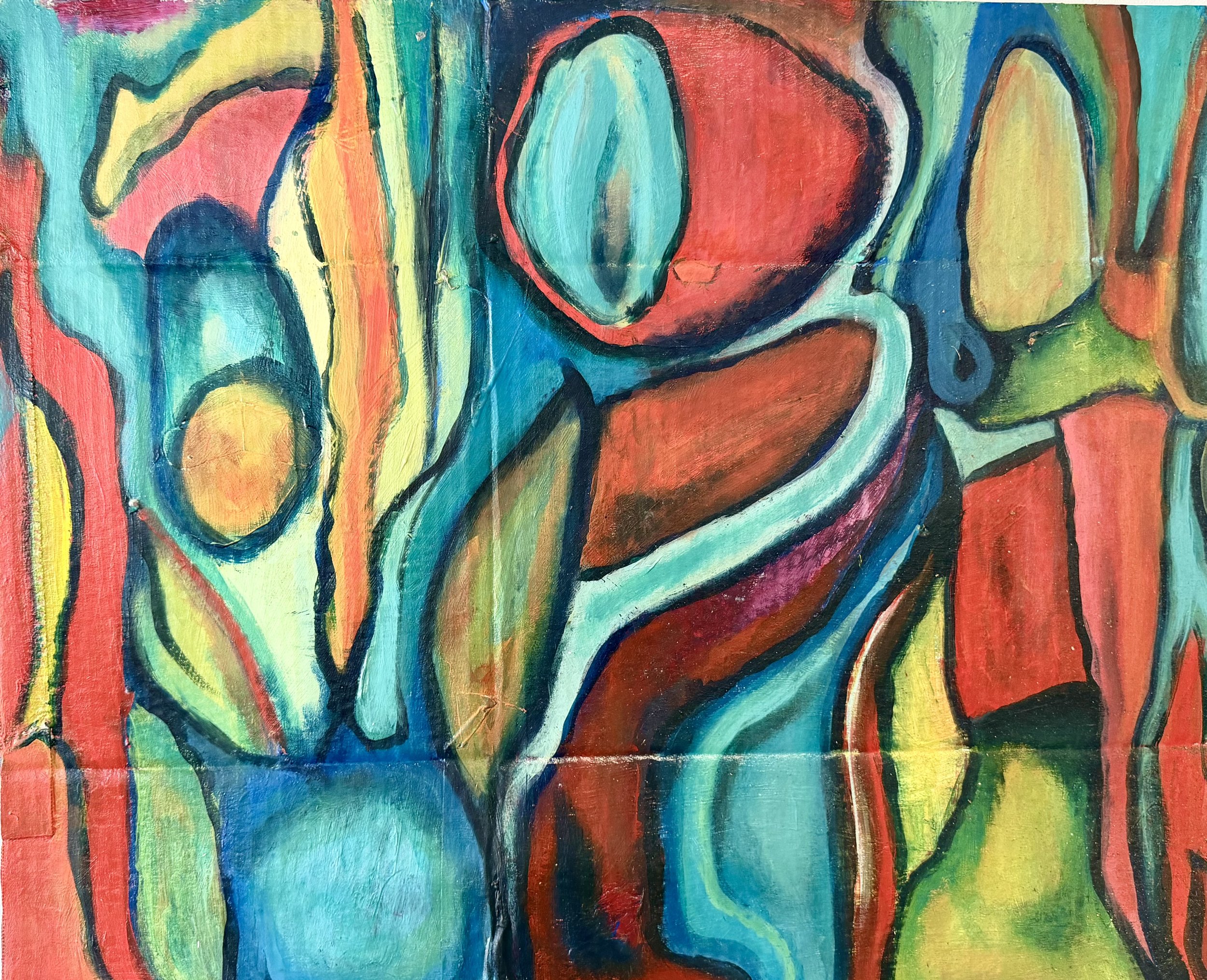 Abstract painting with bold, colorful shapes and lines in blue, green, red, yellow, and black.
