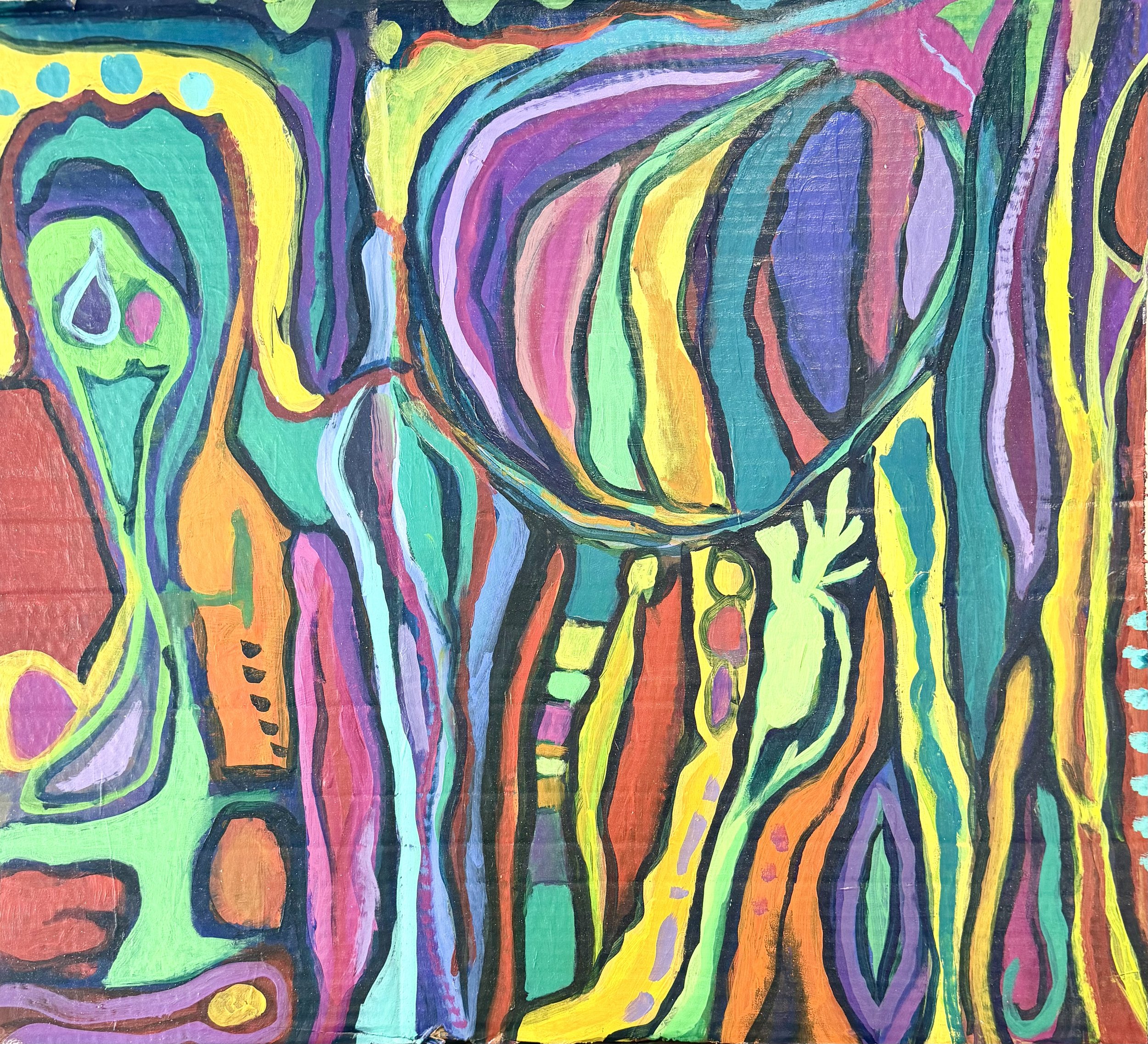 An abstract painting featuring vibrant, colorful lines and shapes, including a prominent circular shape in the center, with a mix of colors like green, pink, purple, yellow, blue, and orange.