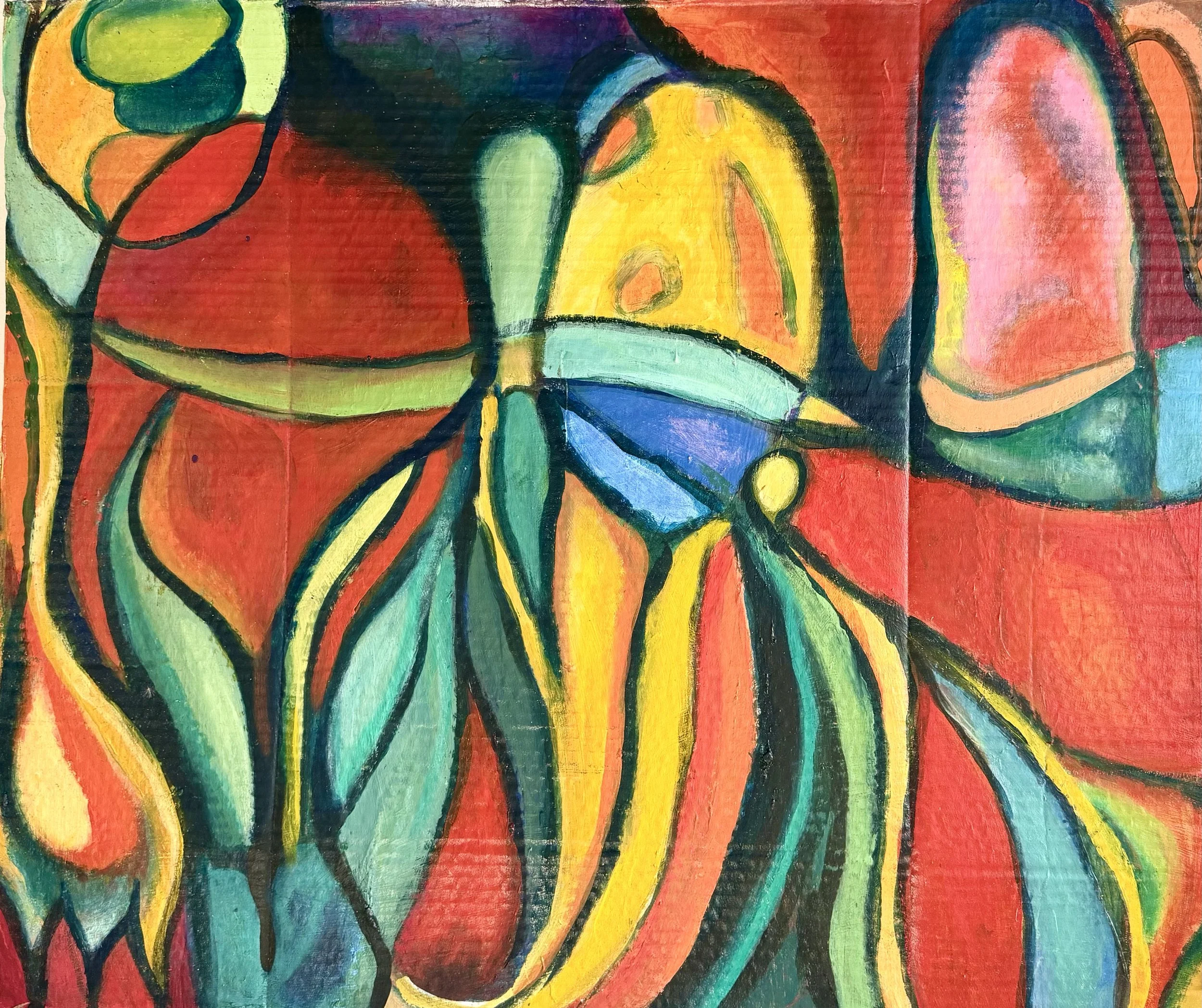 Abstract colorful painting with organic shapes in red, yellow, green, blue, and orange with bold black outlines.