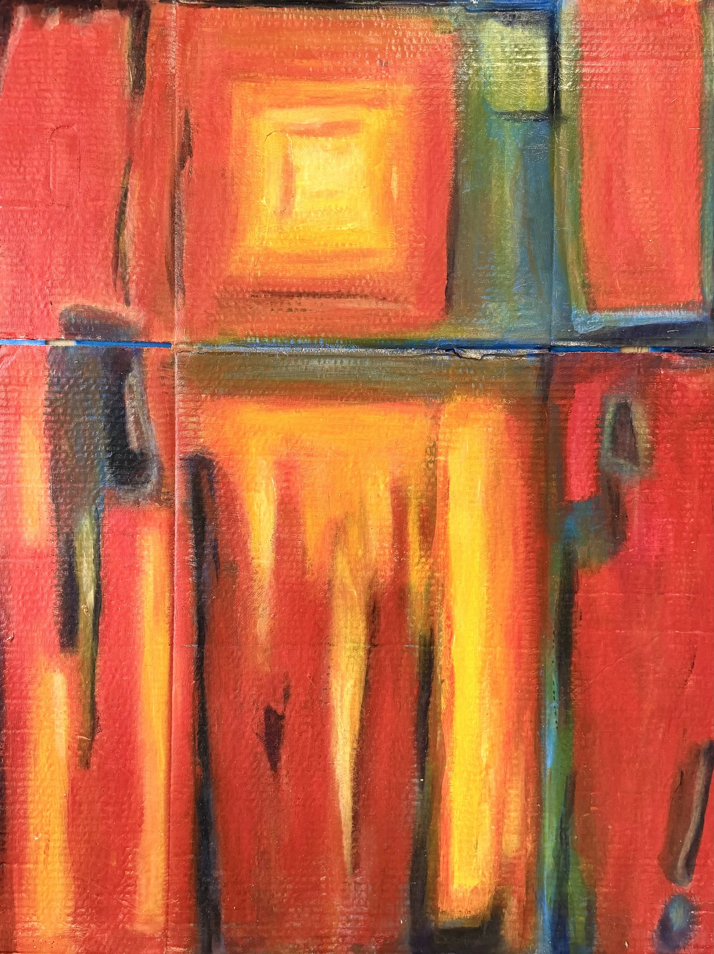 Abstract painting with red, orange, yellow, green, and blue hues, featuring rectangular and vertical shapes.