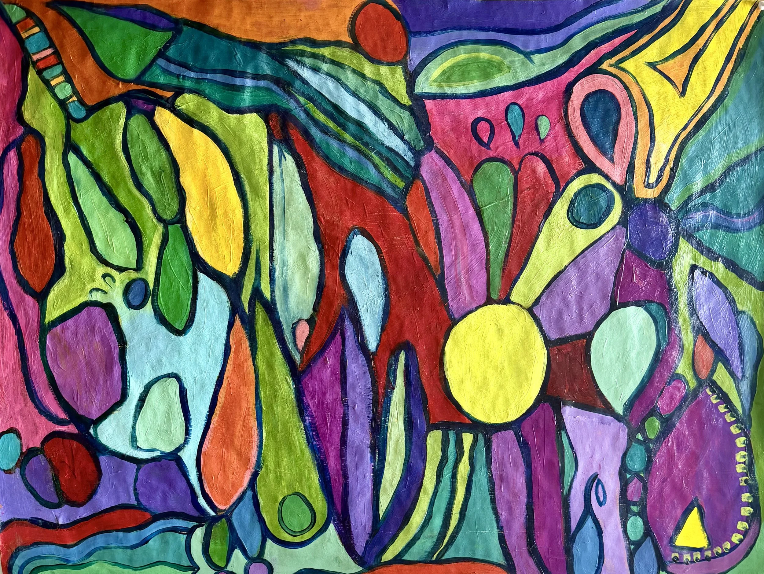 Colorful abstract painting with various shapes and bold black outlines, including circles, ovals, and irregular forms in green, yellow, purple, blue, red, pink, orange, and teal.
