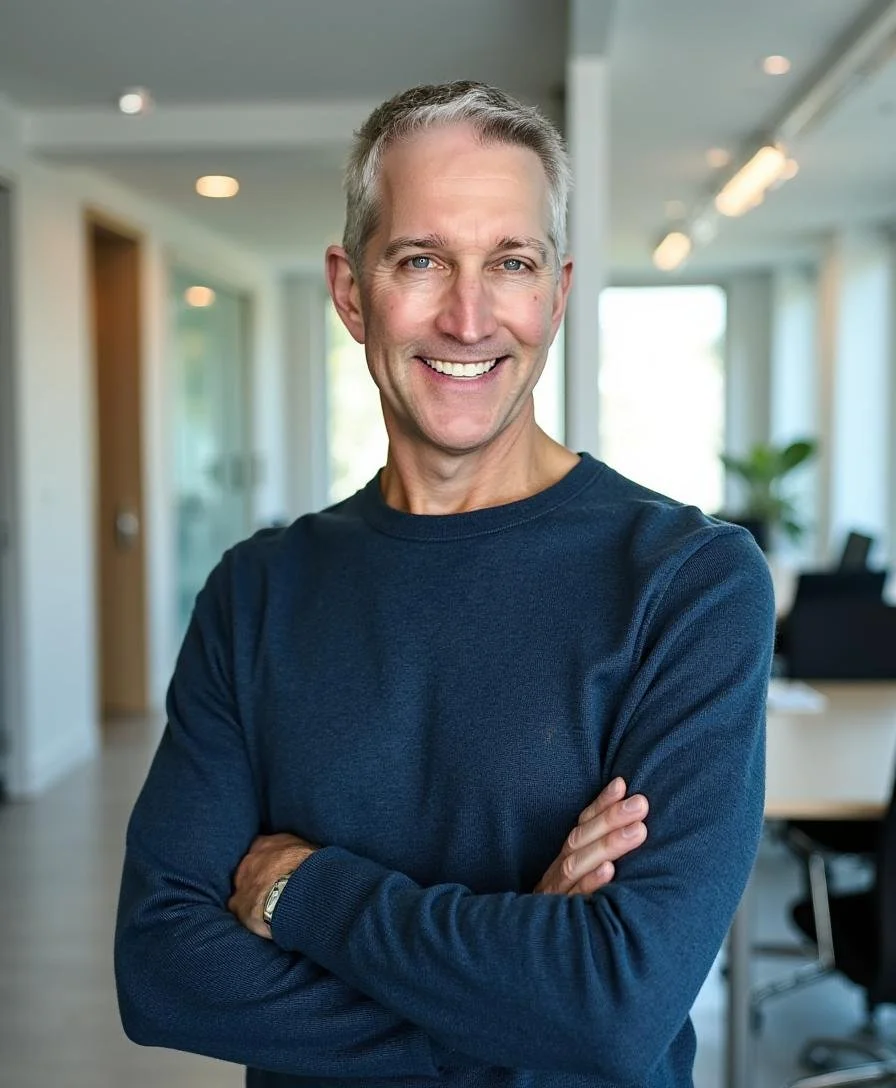 A smiling middle-aged man with short gray hair and blue eyes standing in an office.
