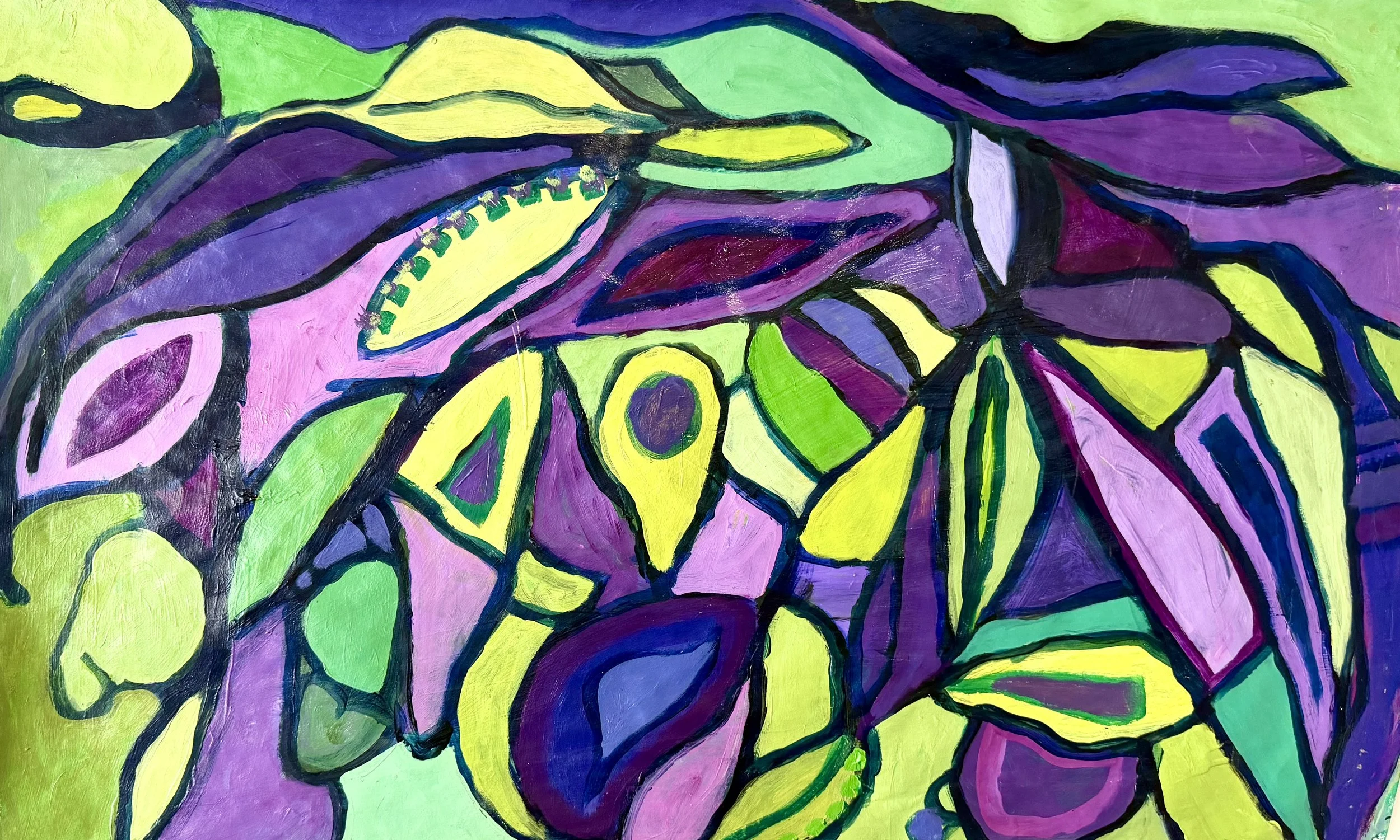 Abstract painting featuring bold black outlines with vibrant colors including purple, yellow, green, and pink, depicting various shapes reminiscent of leaves and organic forms.