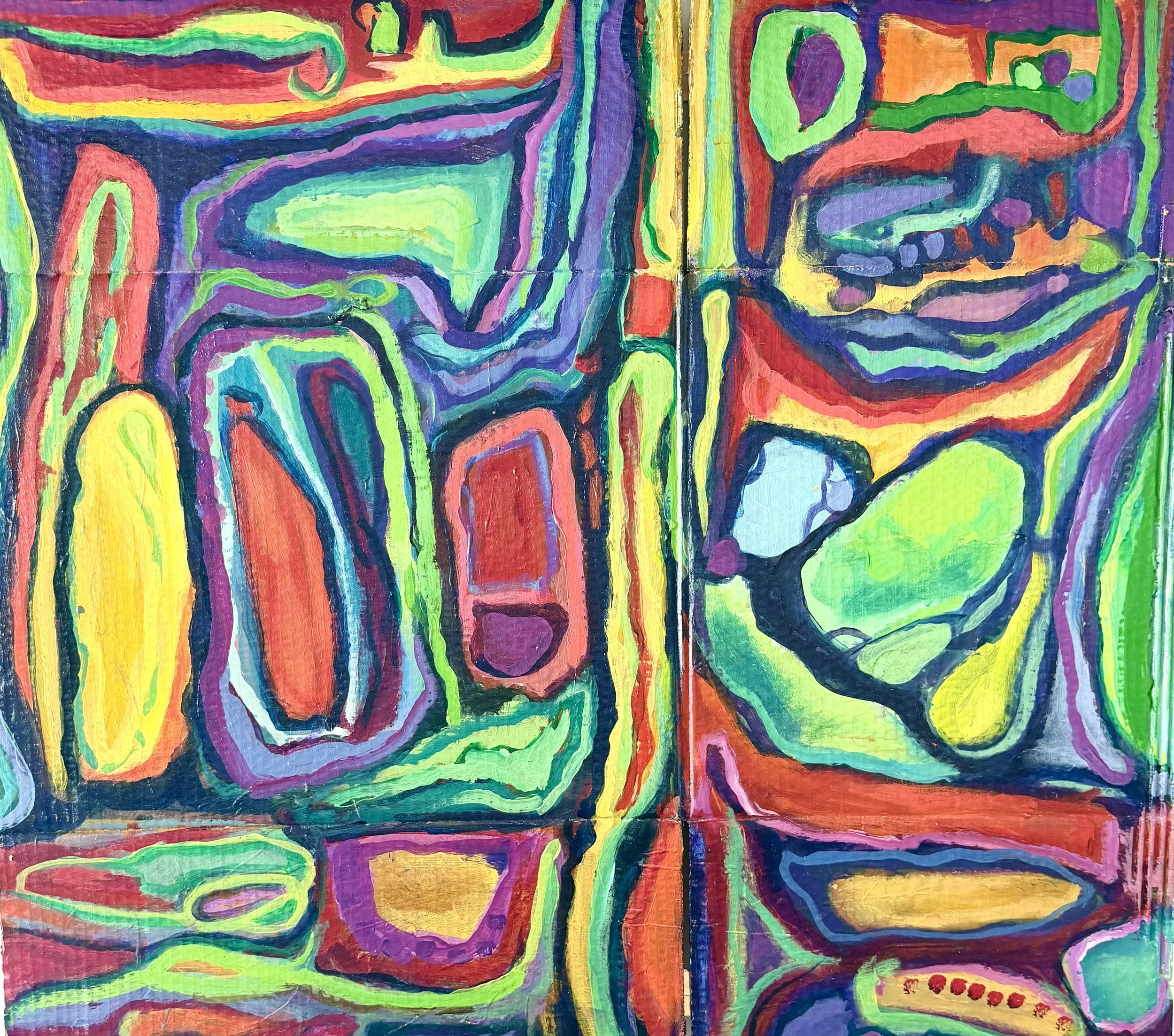 An abstract painting with bright, bold colors and thick black outlines. The artwork consists of irregular shapes in various colors such as yellow, orange, purple, green, and blue, creating a vibrant and dynamic composition.