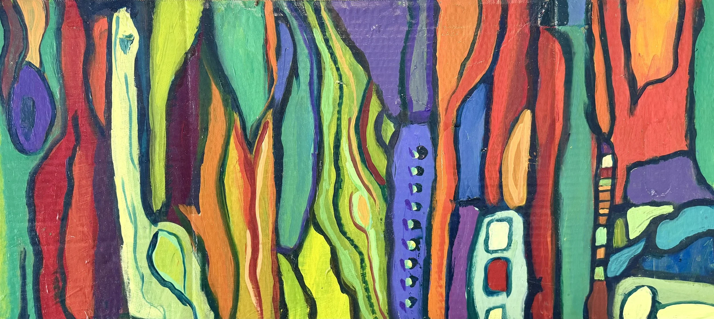 Abstract colorful painting with various vertical, wavy, and irregular shapes outlined in black, filled with bright colors such as green, purple, orange, blue, and red.