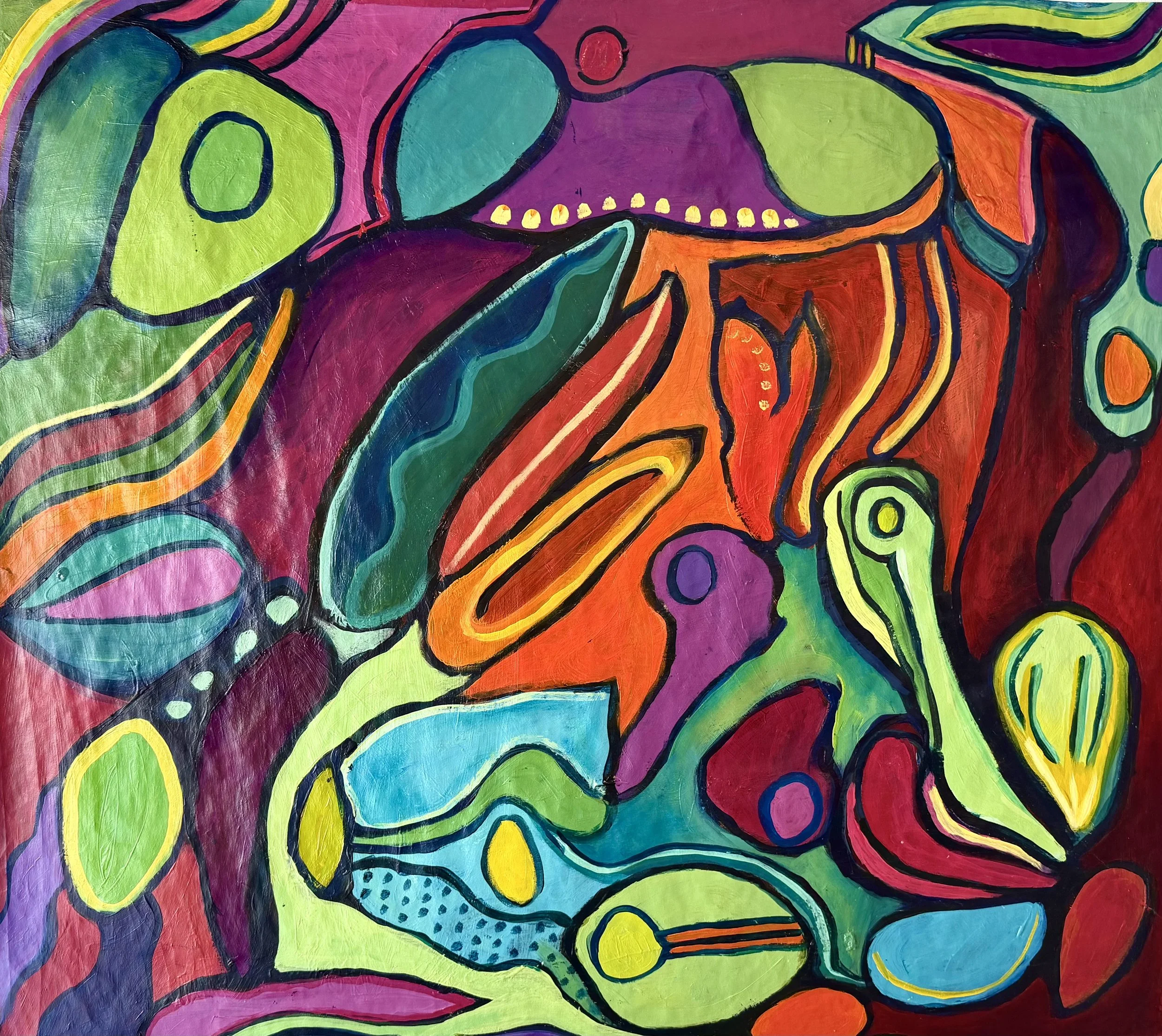 Abstract colorful painting with various shapes and bold black outlines, featuring bright colors like green, orange, purple, blue, and red.