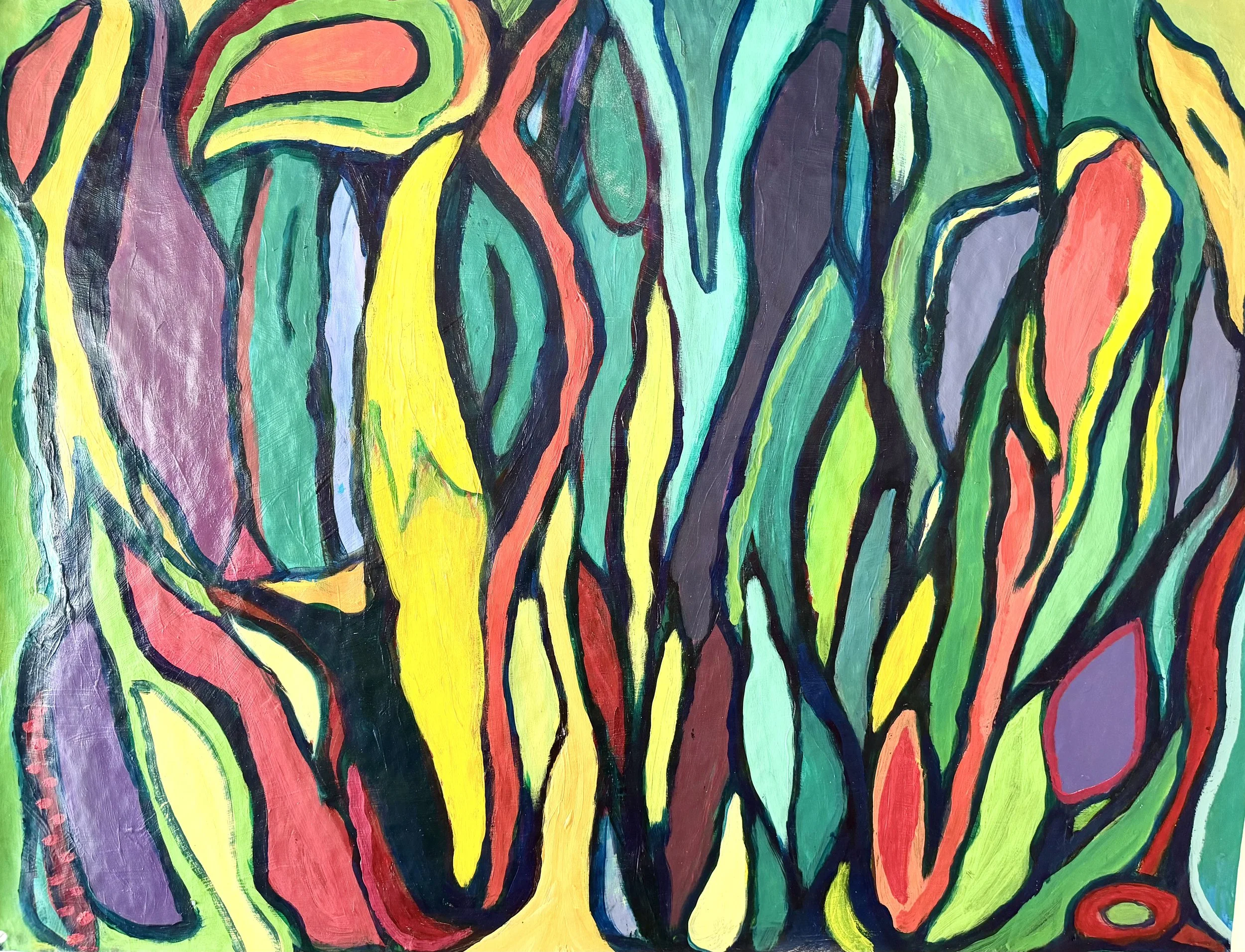 Abstract expressionist painting with colorful, flowing lines and shapes in green, yellow, orange, purple, red, blue, and black.