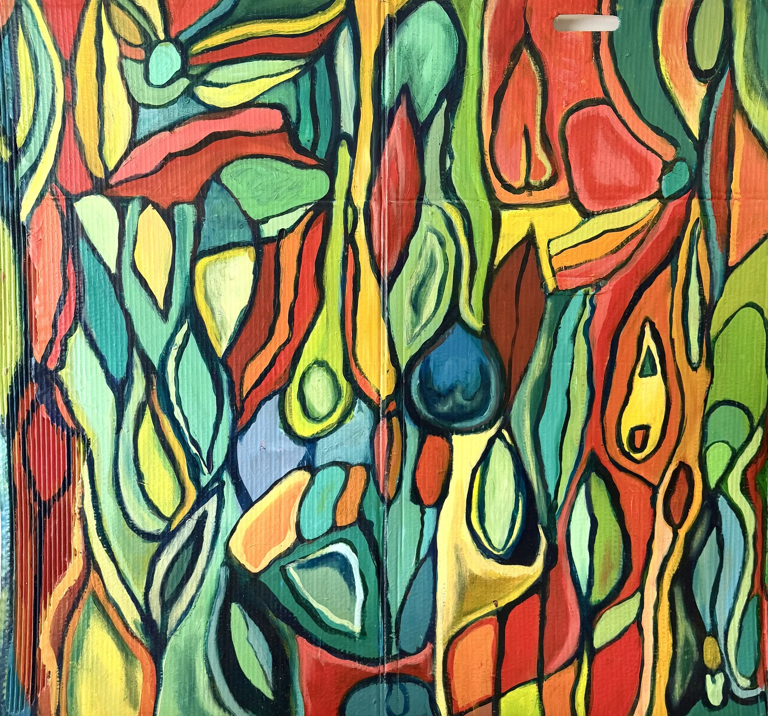 Colorful abstract painting with vibrant, irregular shapes outlined in black, featuring shades of red, yellow, green, blue, and orange.