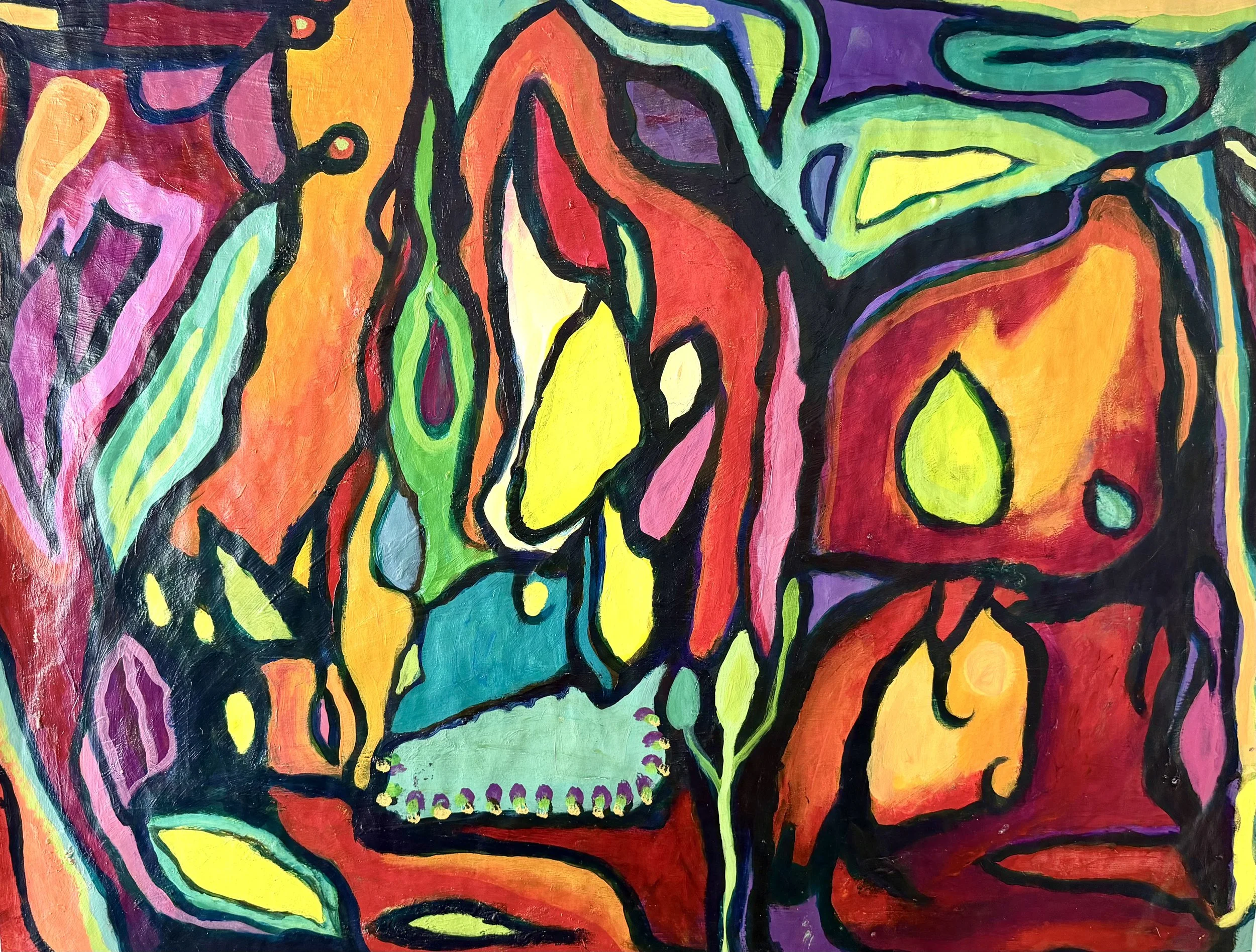 Abstract colorful painting of a skull with vibrant colors and bold black outlines.