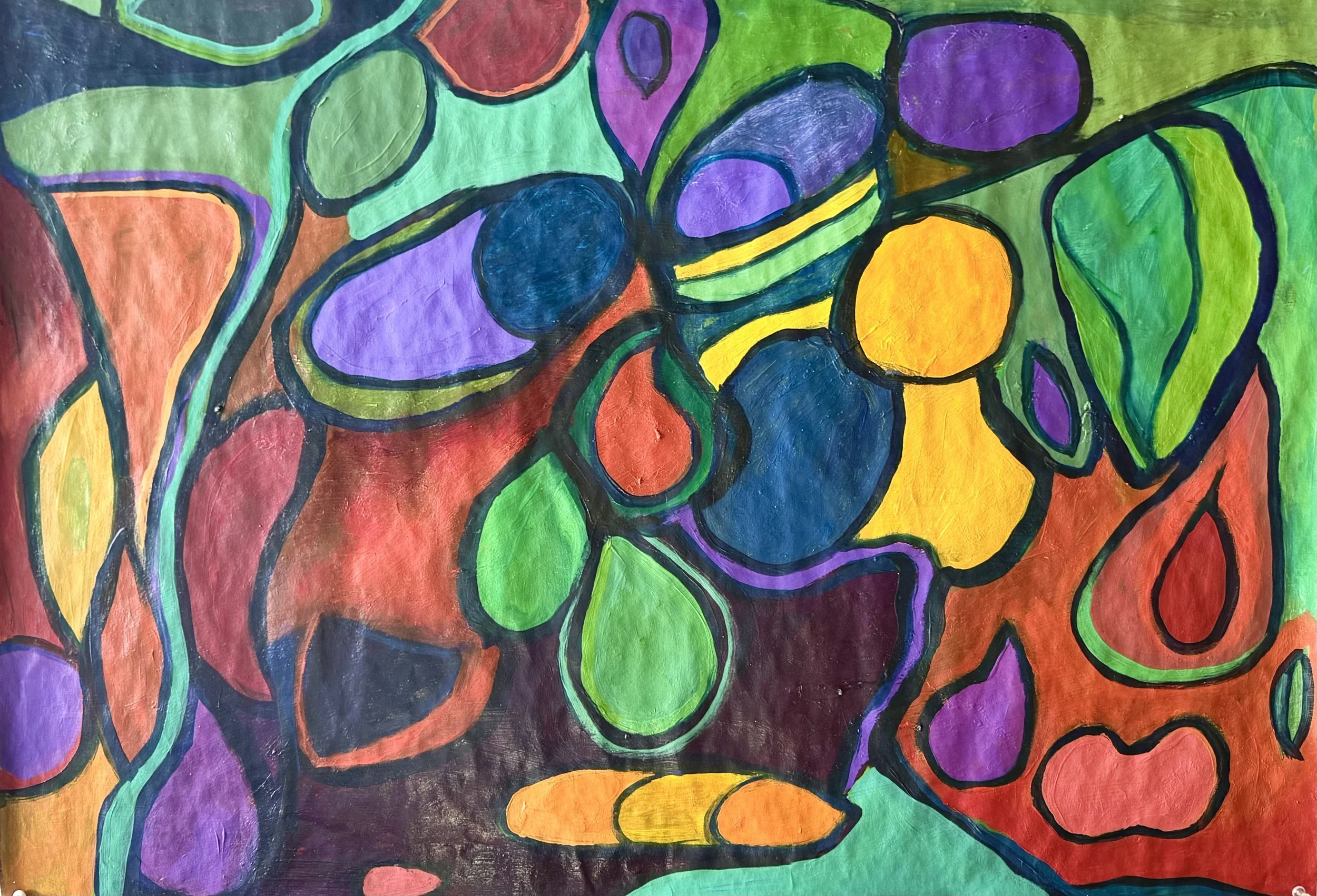 Colorful abstract painting with various shapes outlined in black, featuring purple, green, yellow, orange, red, and blue sections.