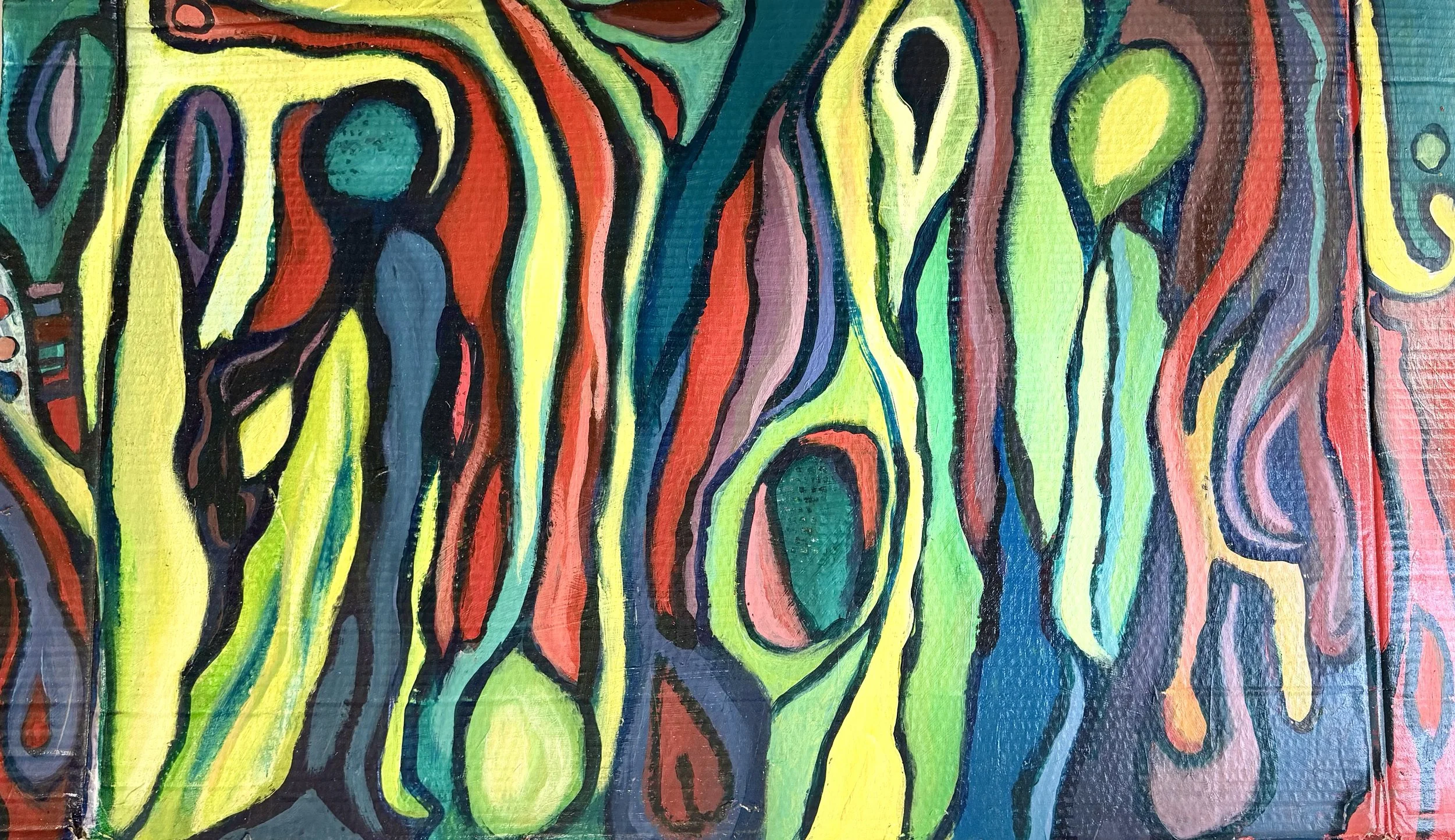 Colorful abstract painting with flowing, organic shapes in yellow, red, green, blue, purple, and black.
