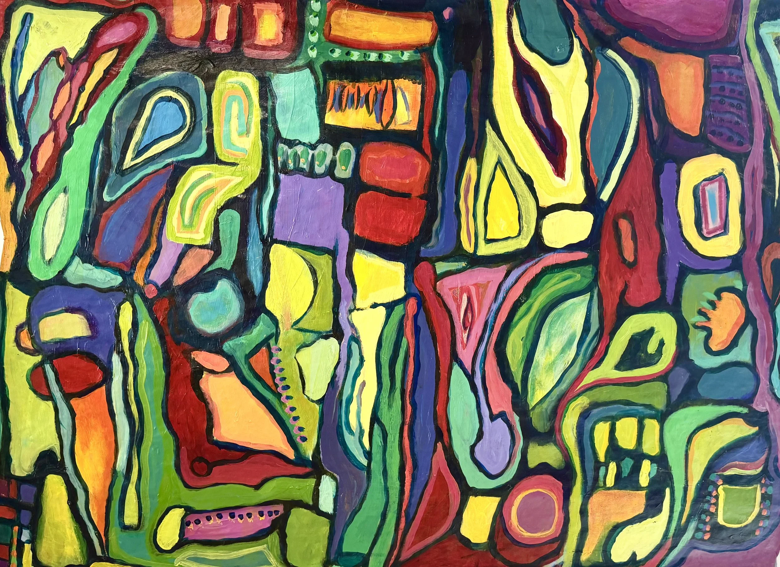 Abstract colorful painting with various shapes and bold black outlines.