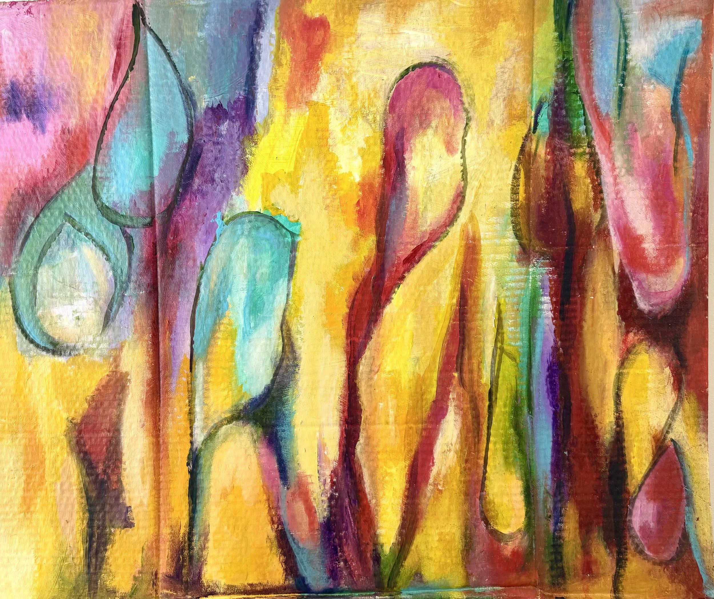 An abstract painting with vibrant colors including yellow, red, purple, blue, and green, featuring flowing, curvilinear shapes and lines.