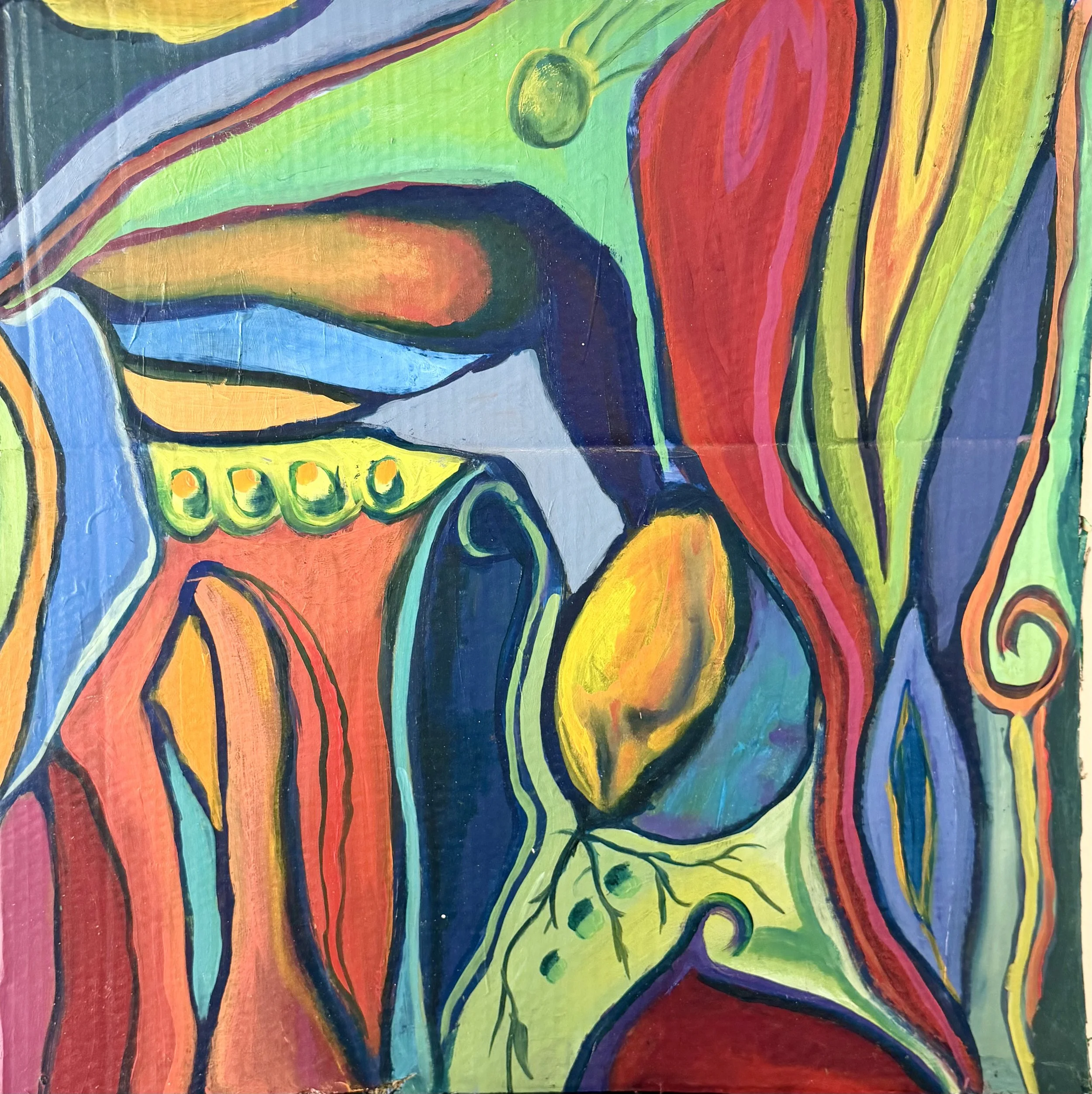 Abstract colorful painting with flowing shapes and lines in red, green, blue, yellow, and orange.