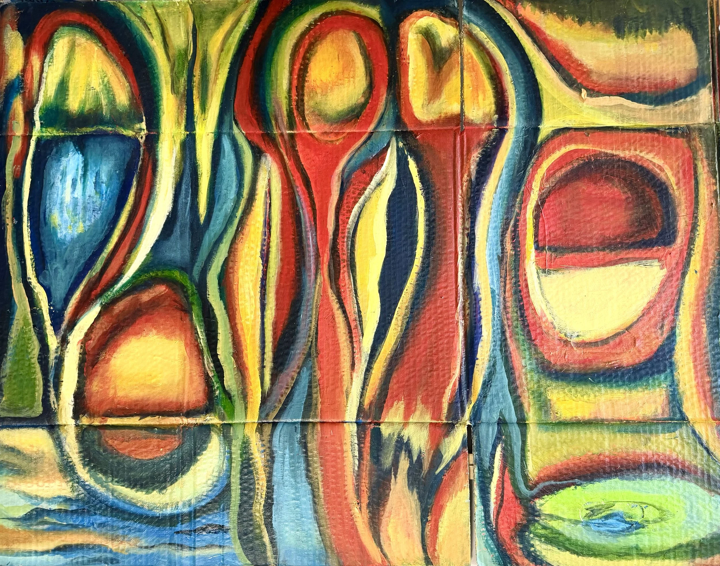 Abstract colorful painting with curved lines and shapes in red, yellow, green, blue, and black.