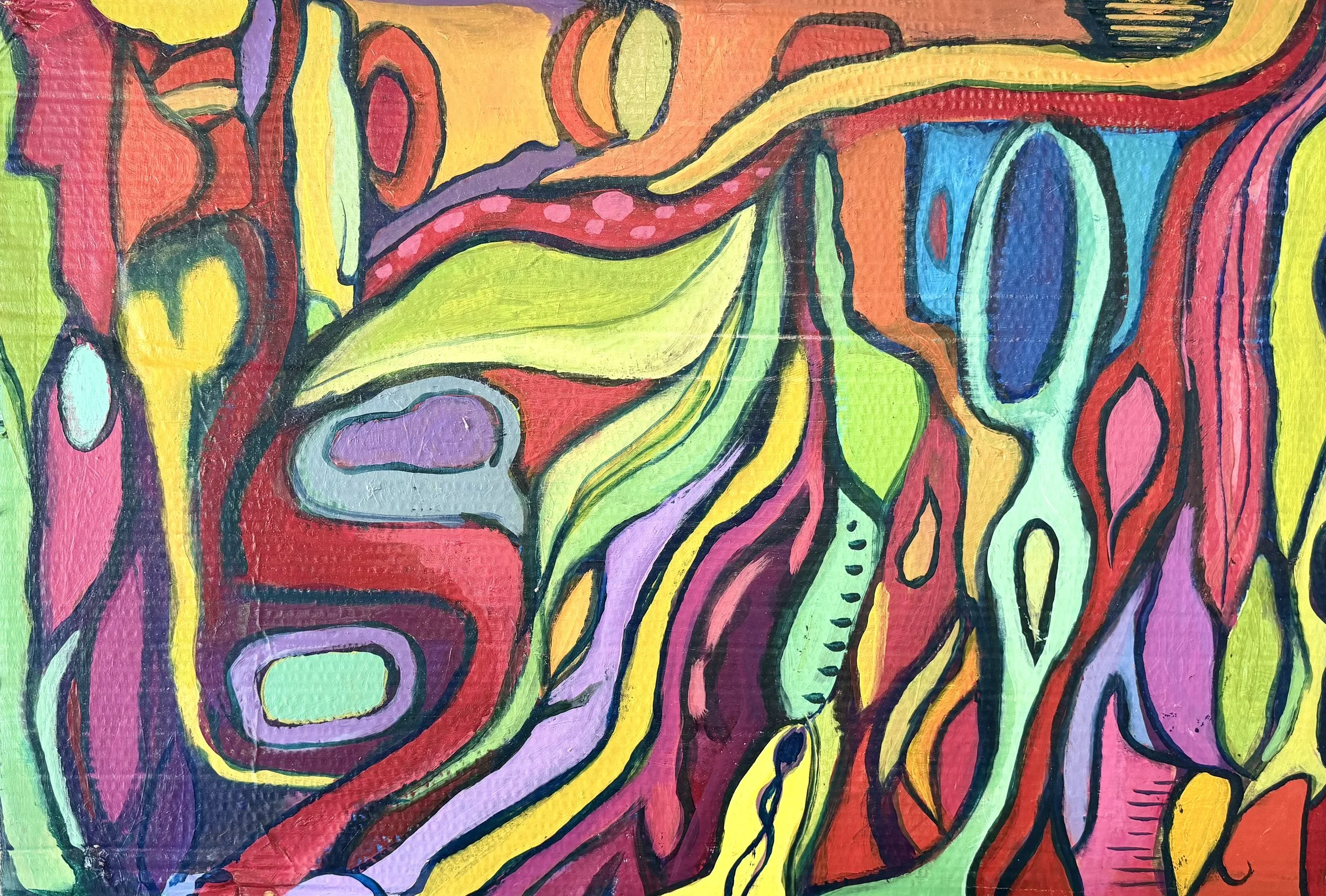 Colorful abstract painting with curving shapes and bold black outlines in various colors like red, yellow, green, purple, blue, and pink.