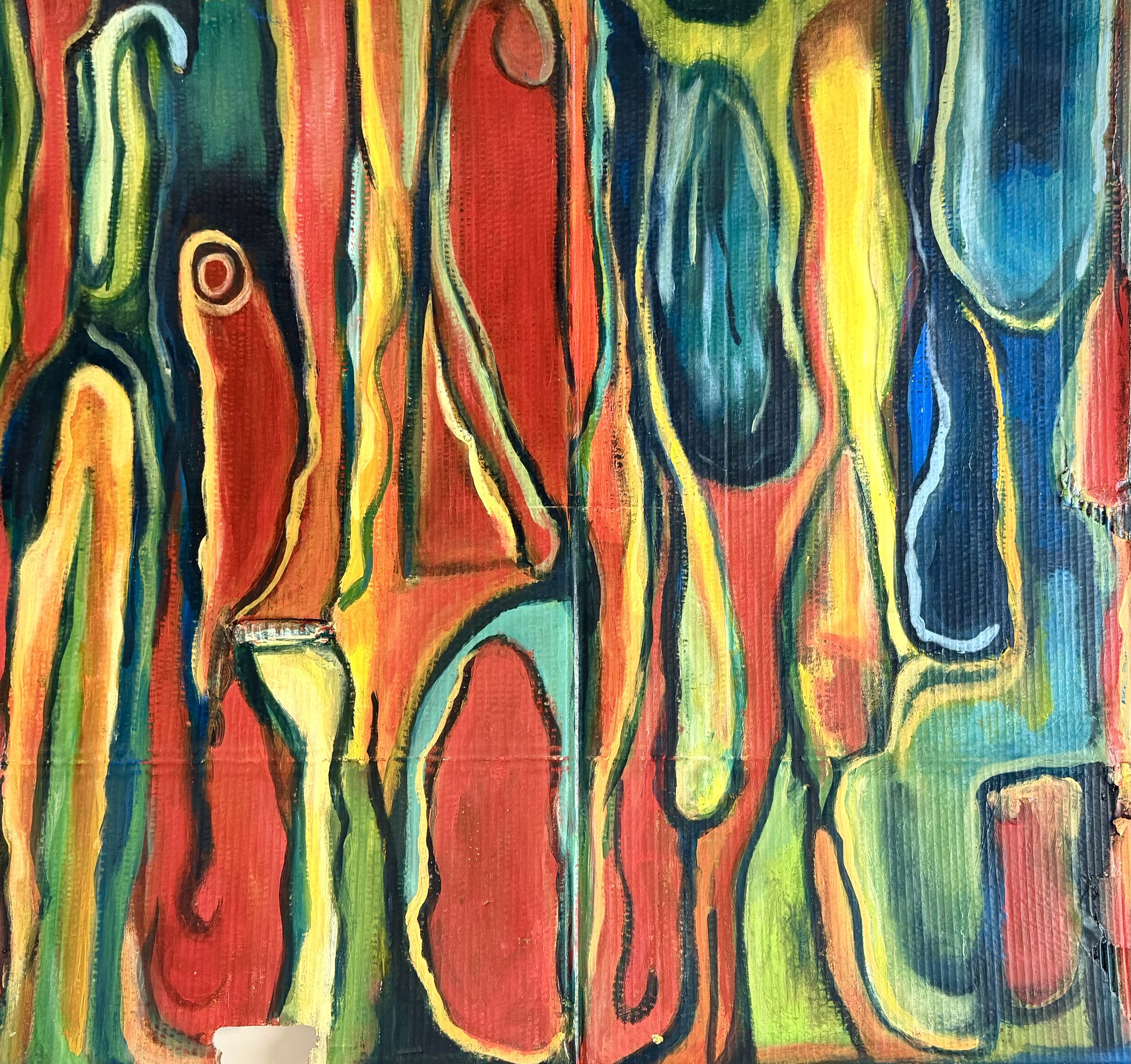 Abstract colorful painting with vertical streaks of red, yellow, blue, green, black, and orange.