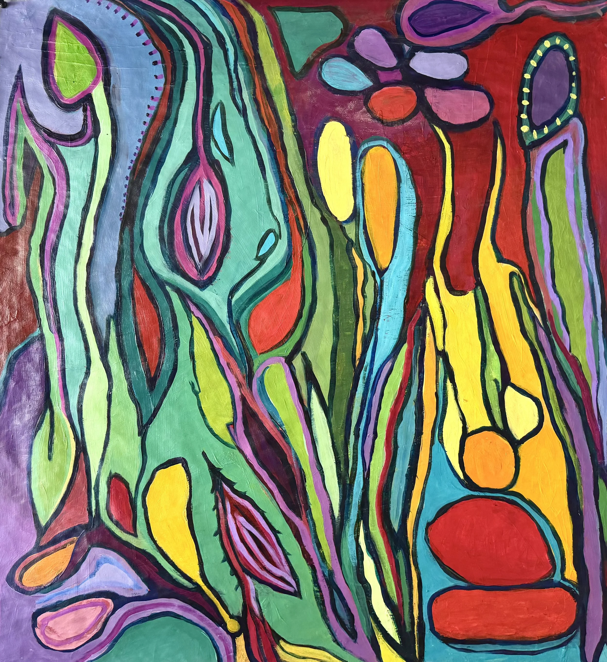 Colorful abstract painting with bold black outlines depicting various organic shapes and flower-like forms in shades of green, purple, yellow, orange, red, blue, and pink.