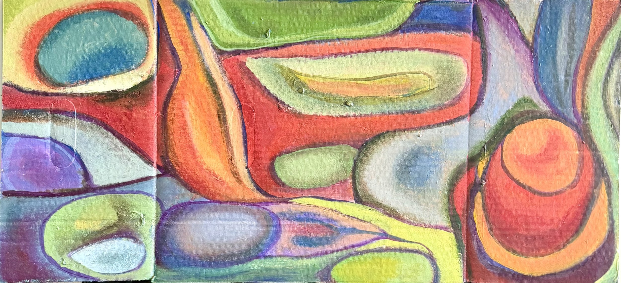 Abstract artwork with colorful shapes including ovals and irregular forms in red, blue, green, yellow, purple, and orange.