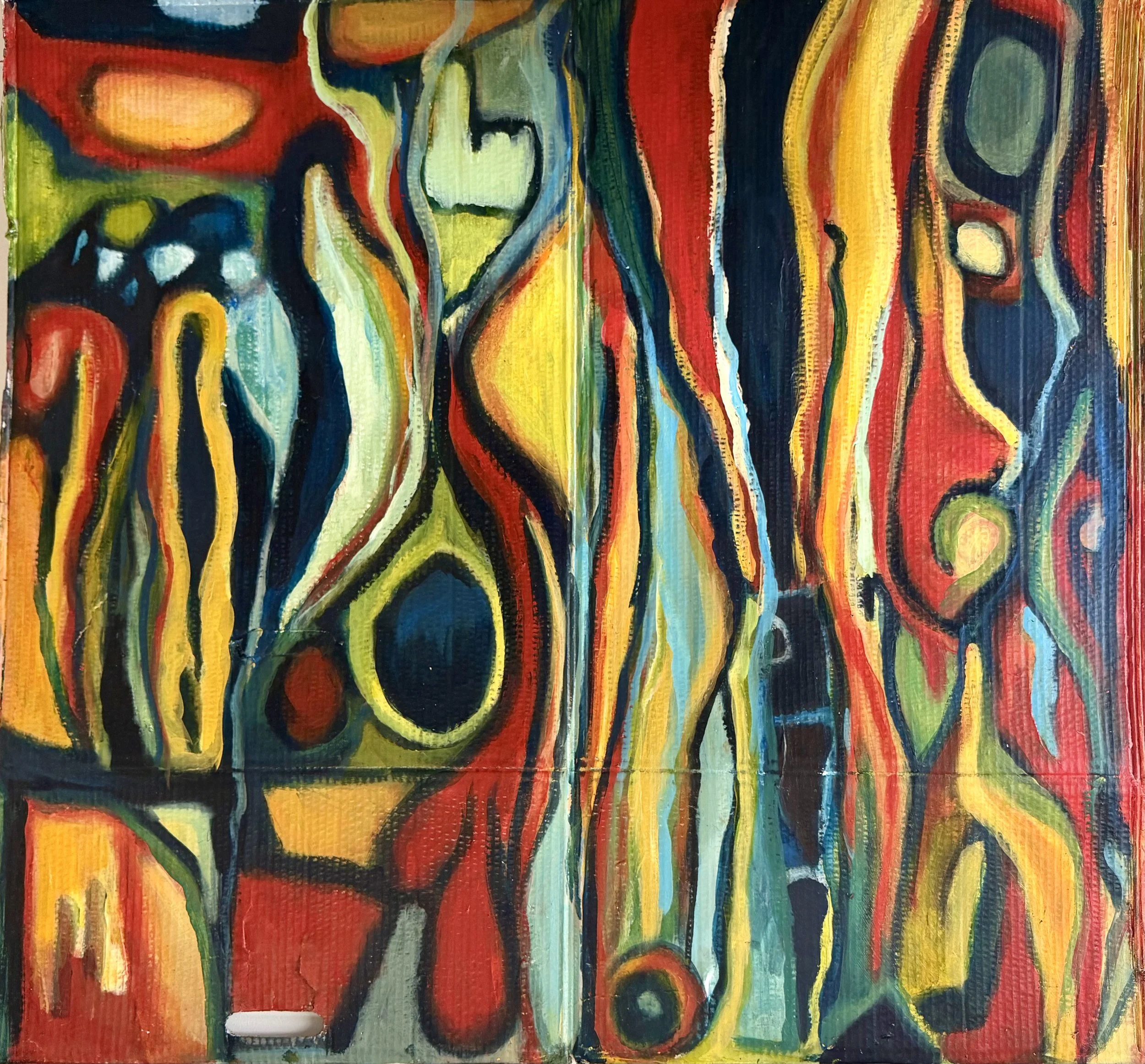 An abstract painting featuring curving shapes and vibrant colors such as red, yellow, green, blue, and black with bold outlines.