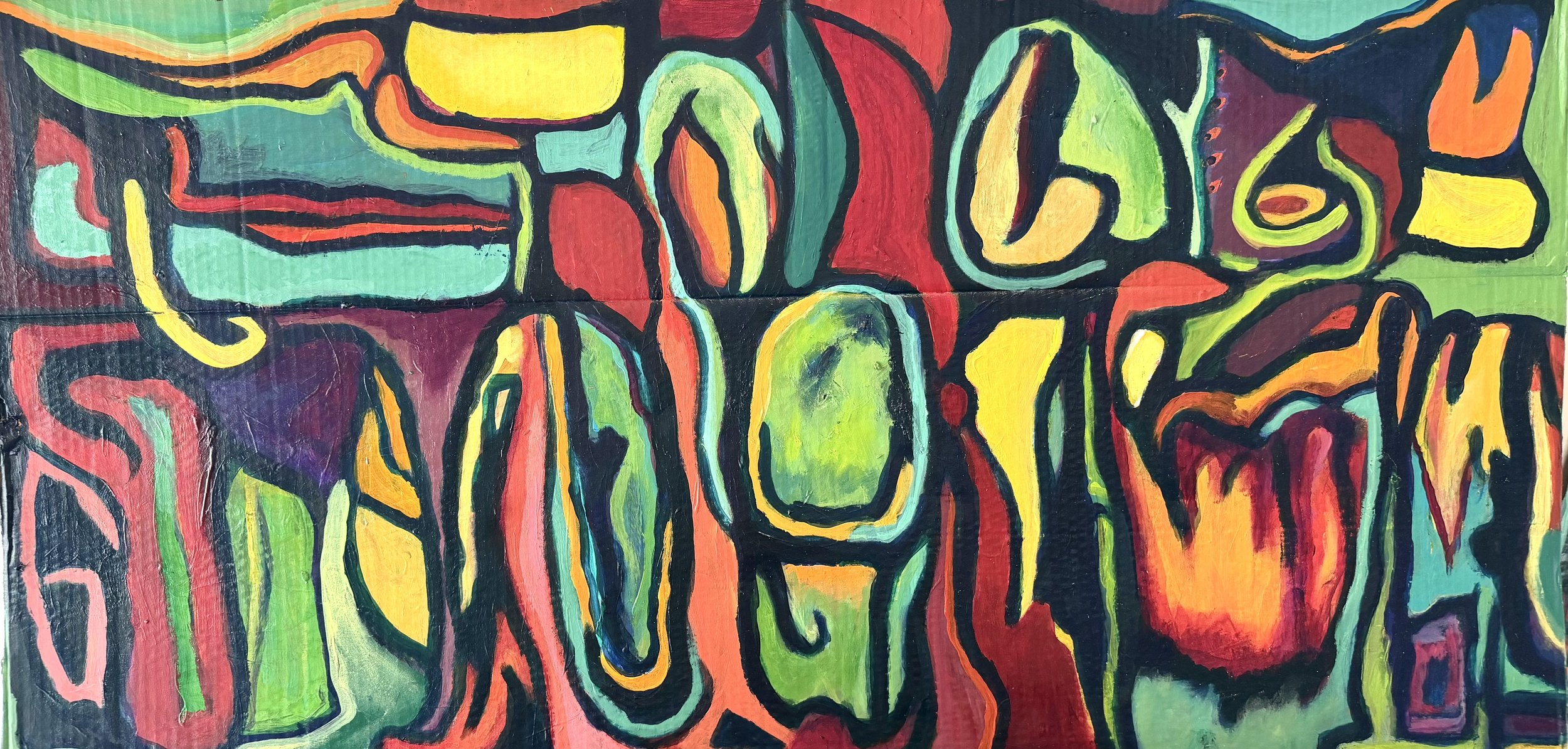 Abstract painting with vivid colors including yellow, red, green, orange, purple, and black, featuring organic and geometric shapes.