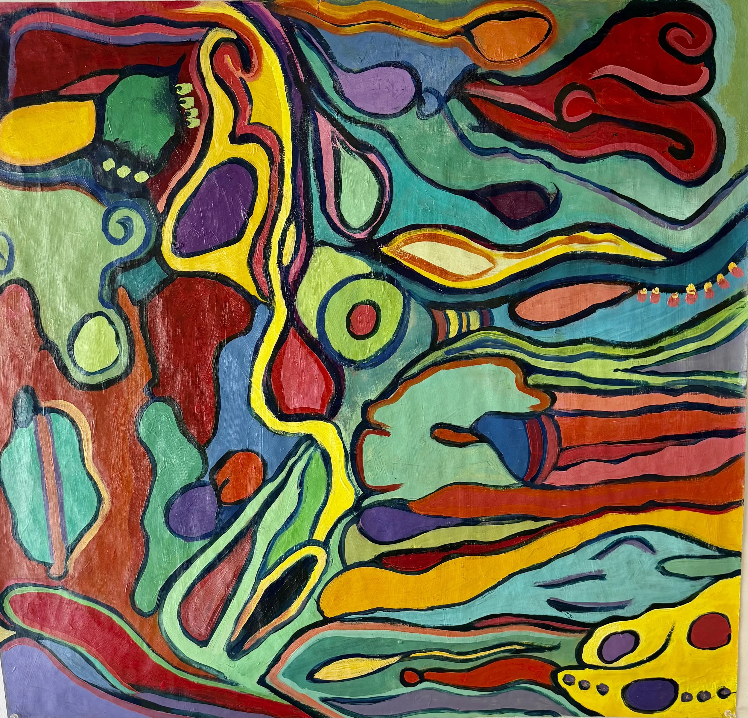 An abstract painting with vibrant colors and swirling black outlines, featuring various shapes and patterns resembling organic forms and landscapes.