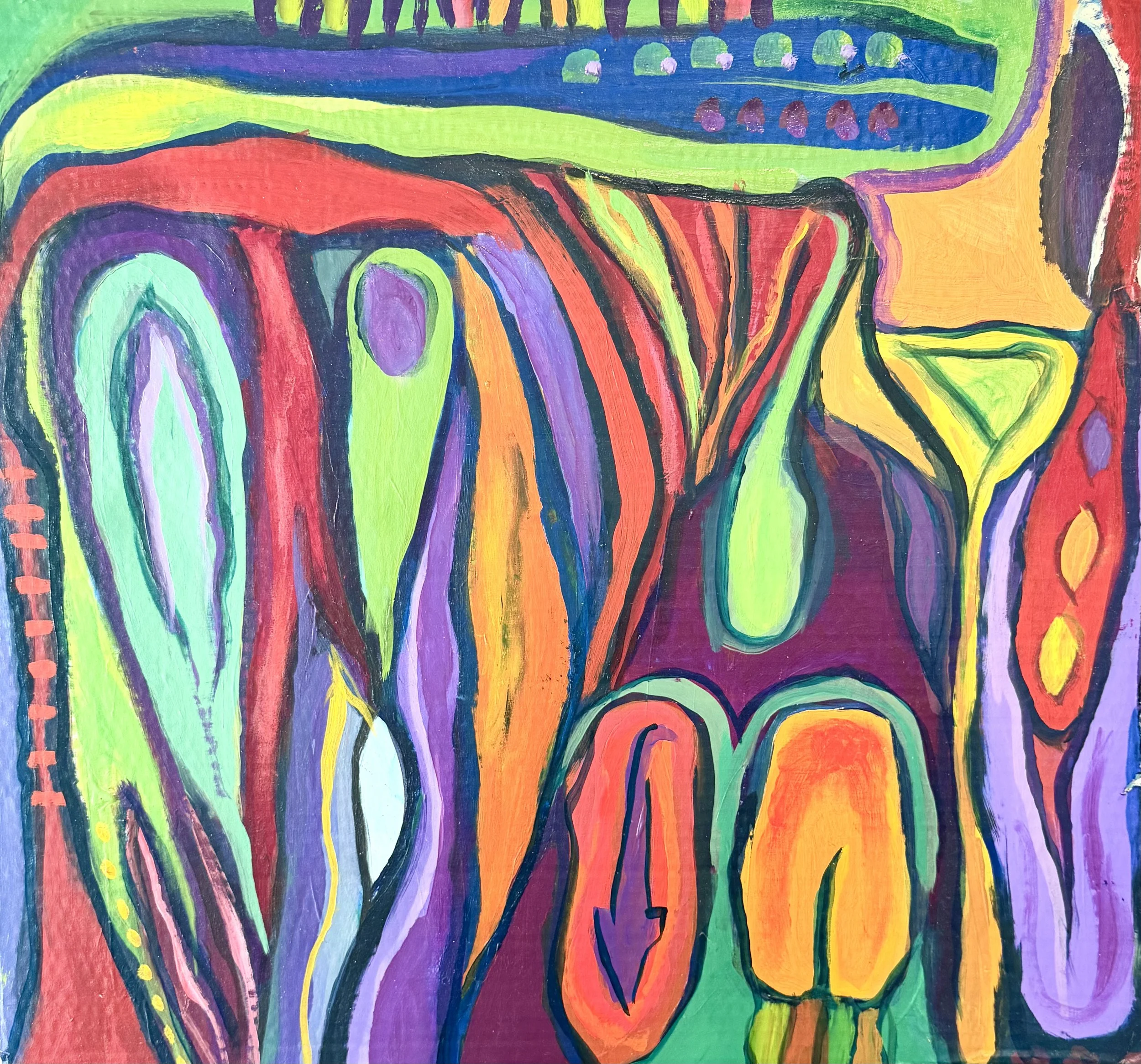 An abstract colorful painting featuring bold, curvy lines and shapes in neon shades of green, purple, orange, yellow, red, and blue.