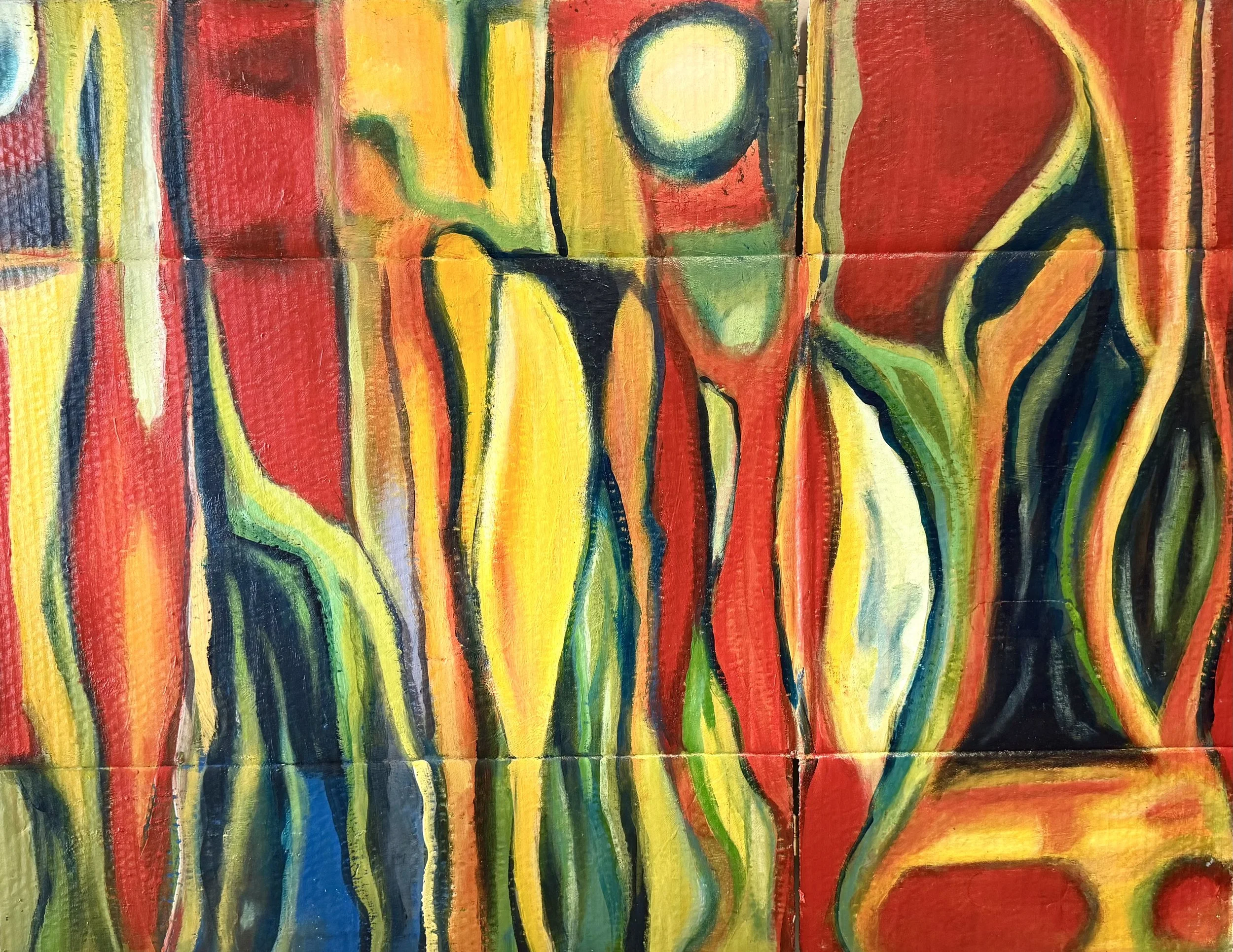 Abstract colorful painting with bold curving lines and vibrant hues of red, yellow, green, blue, and black.