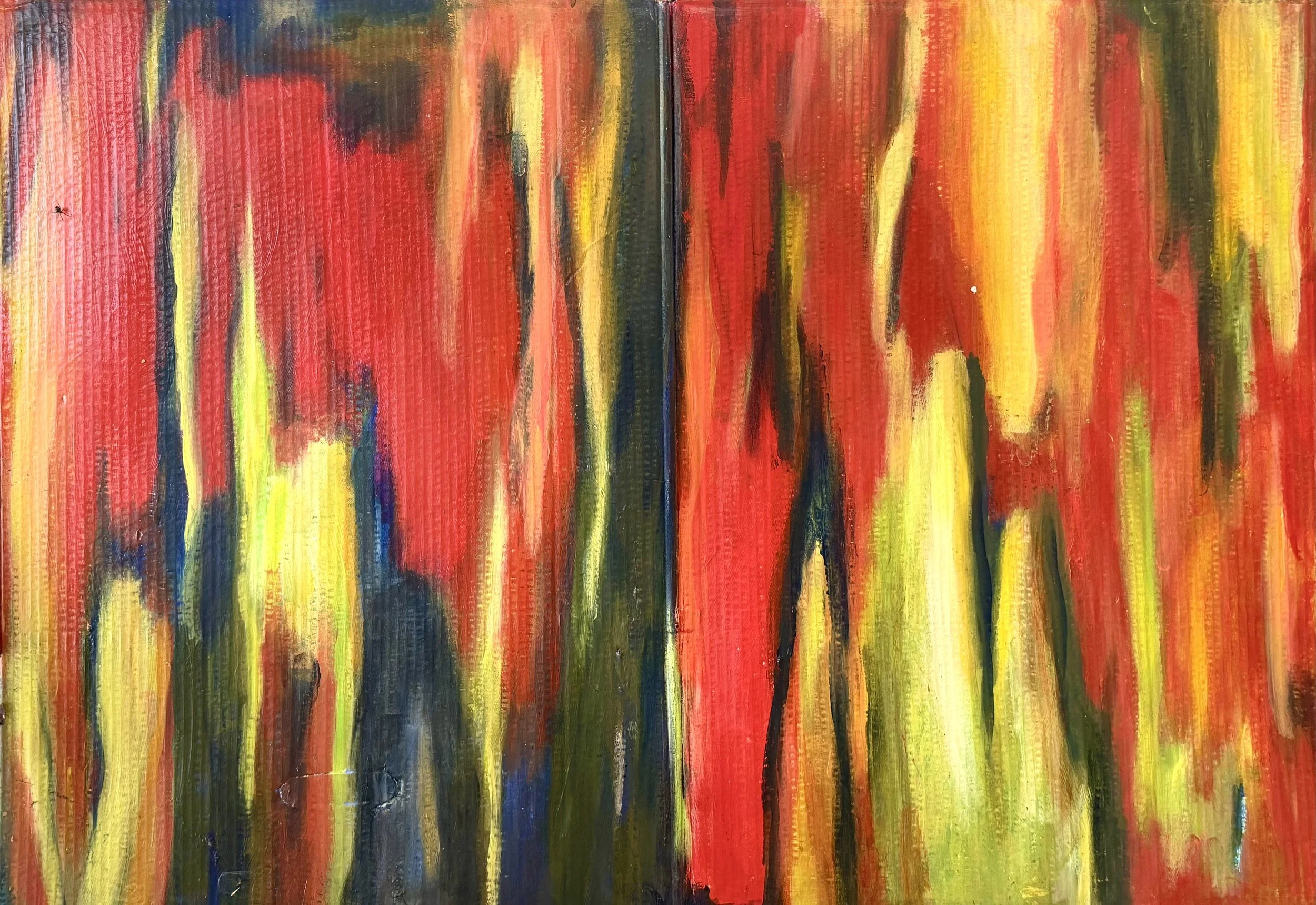 Abstract painting with vertical streaks of red, yellow, orange, dark green, and black paint.