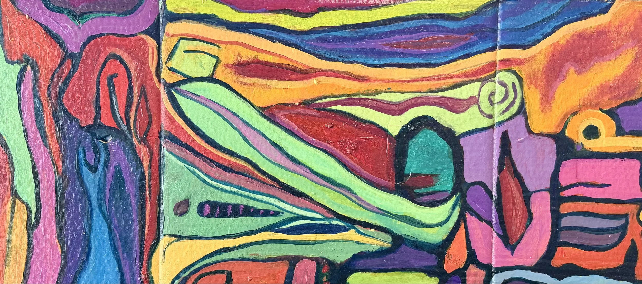 A colorful abstract painting with bold black outlines, featuring swirling lines and irregular shapes in hues of green, red, purple, blue, orange, yellow, and pink.