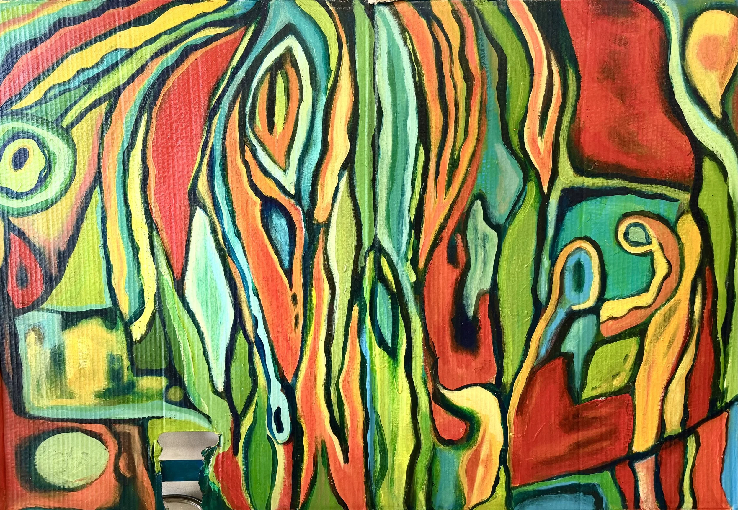 Colorful abstract painting with bold black outlines and vibrant colors like red, green, yellow, and blue, resembling a stylized landscape or organic shapes.