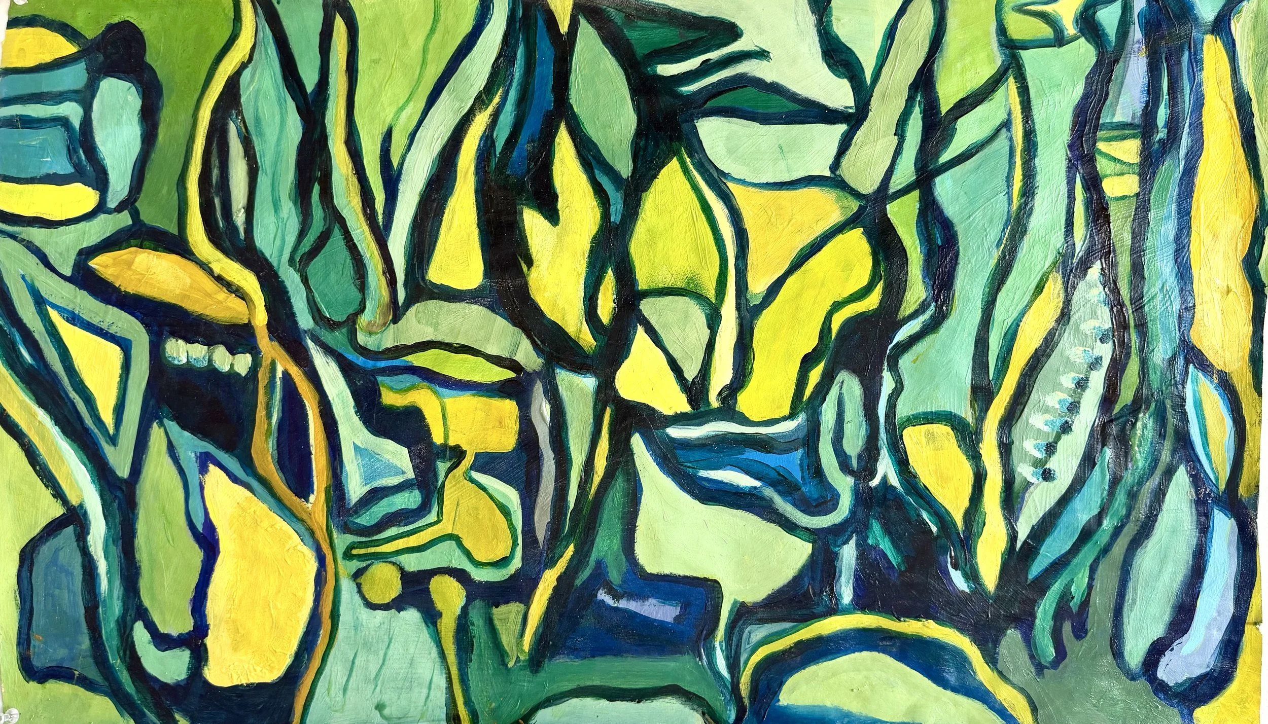 Abstract painting with bold black outlines and vibrant yellow, green, and blue shapes and lines.