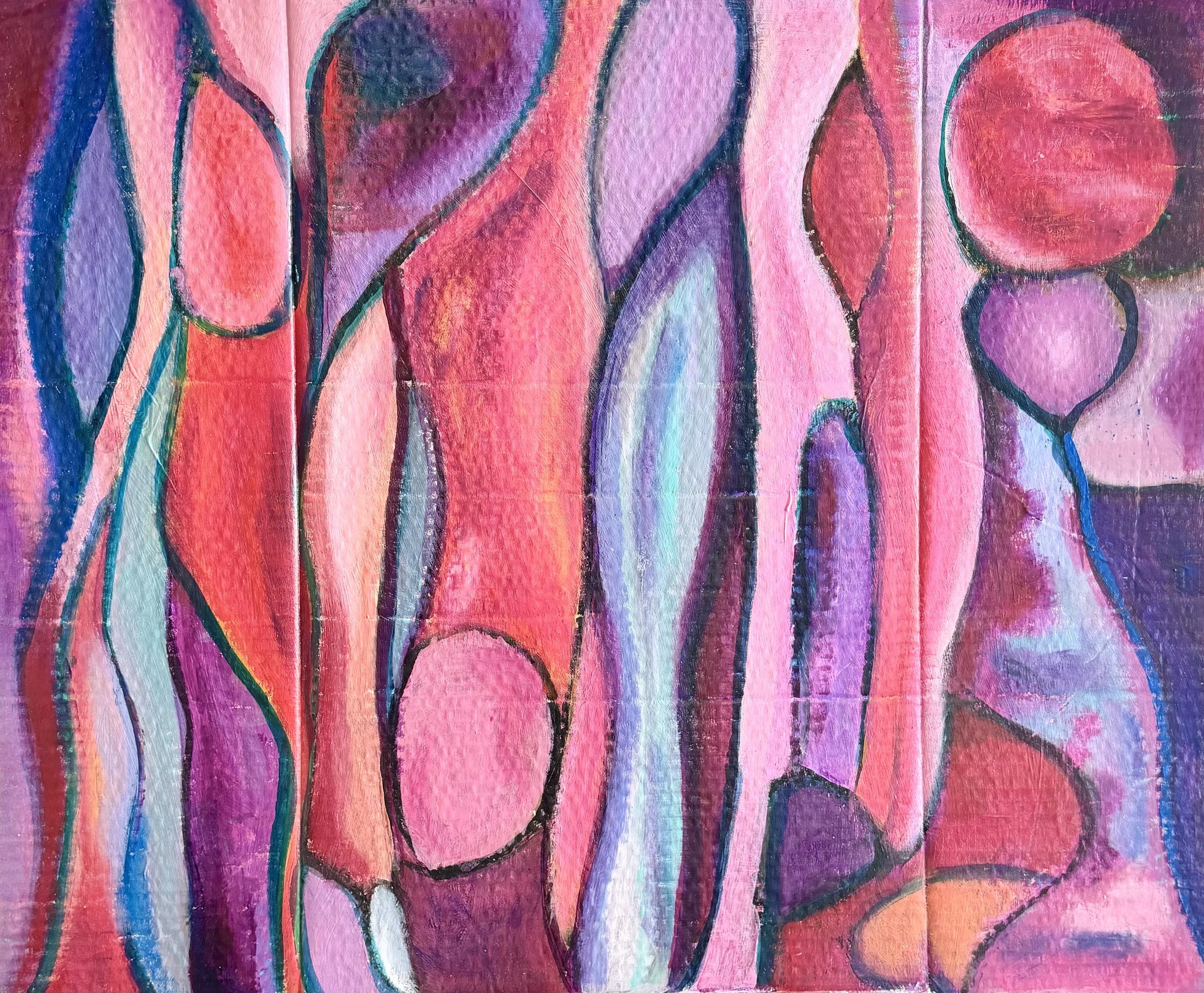 Abstract painting with bright colors including pink, purple, blue, and red, featuring flowing lines and shapes.
