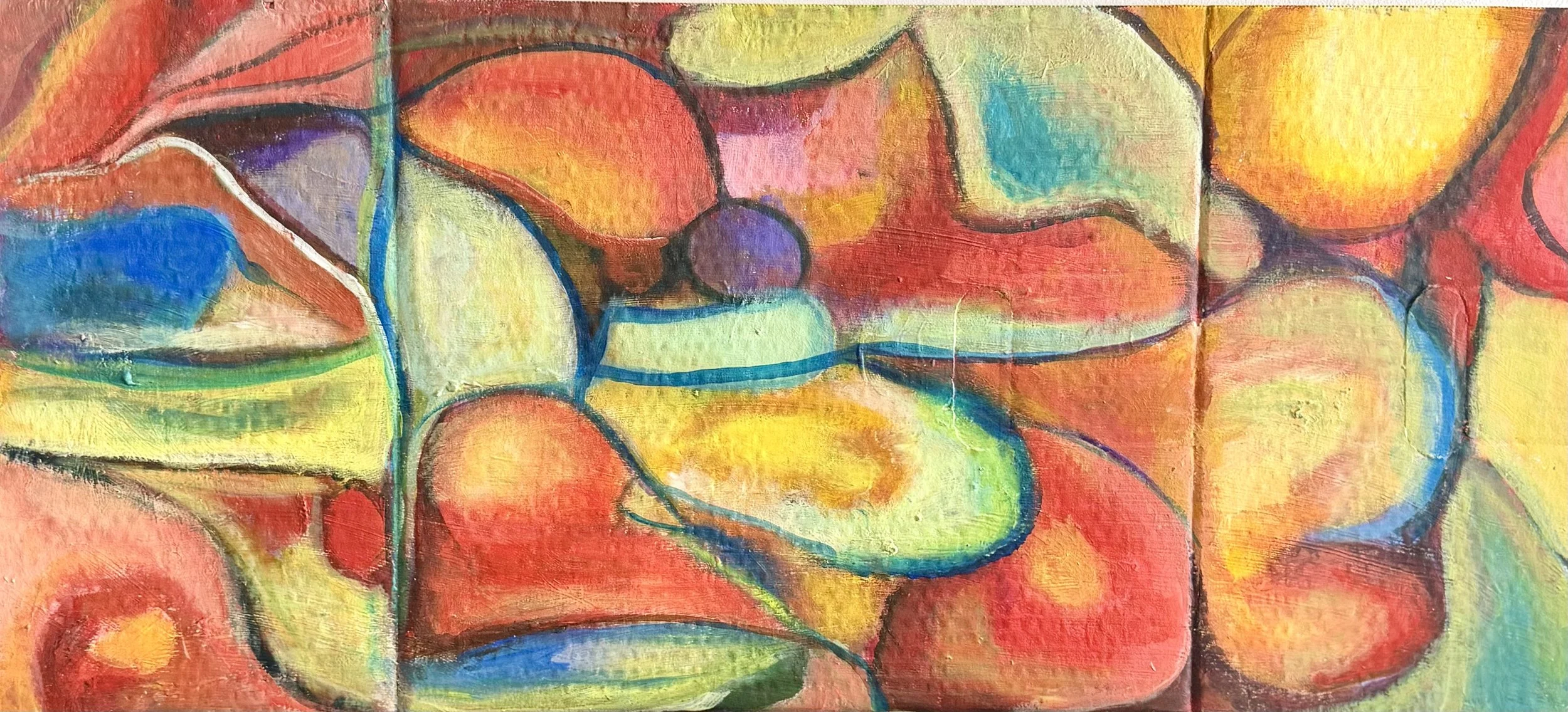 Abstract colorful painting with various organic shapes and bold black outlines.