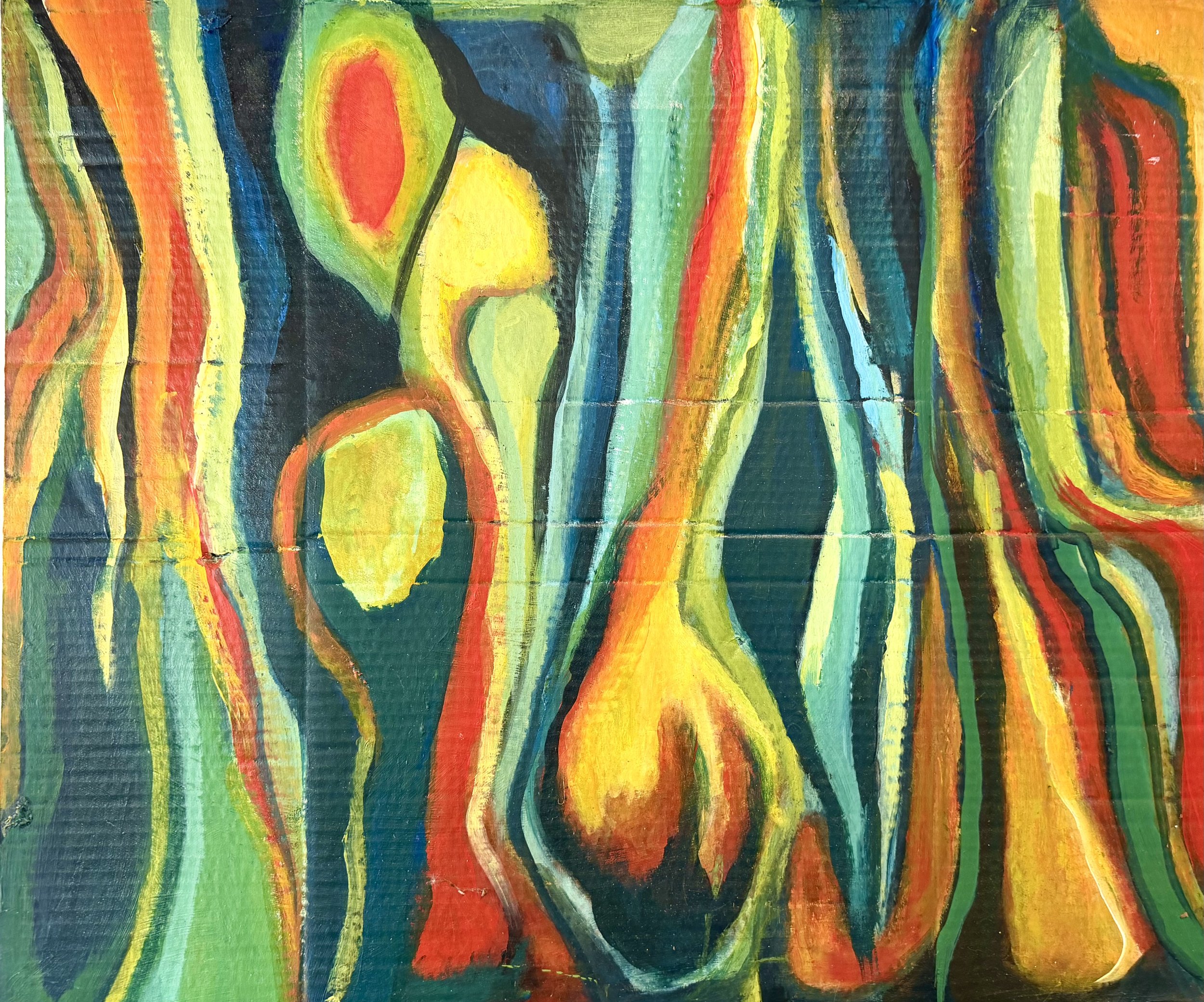 Abstract painting featuring flowing, wavy lines in vibrant colors like green, yellow, orange, red, and blue.