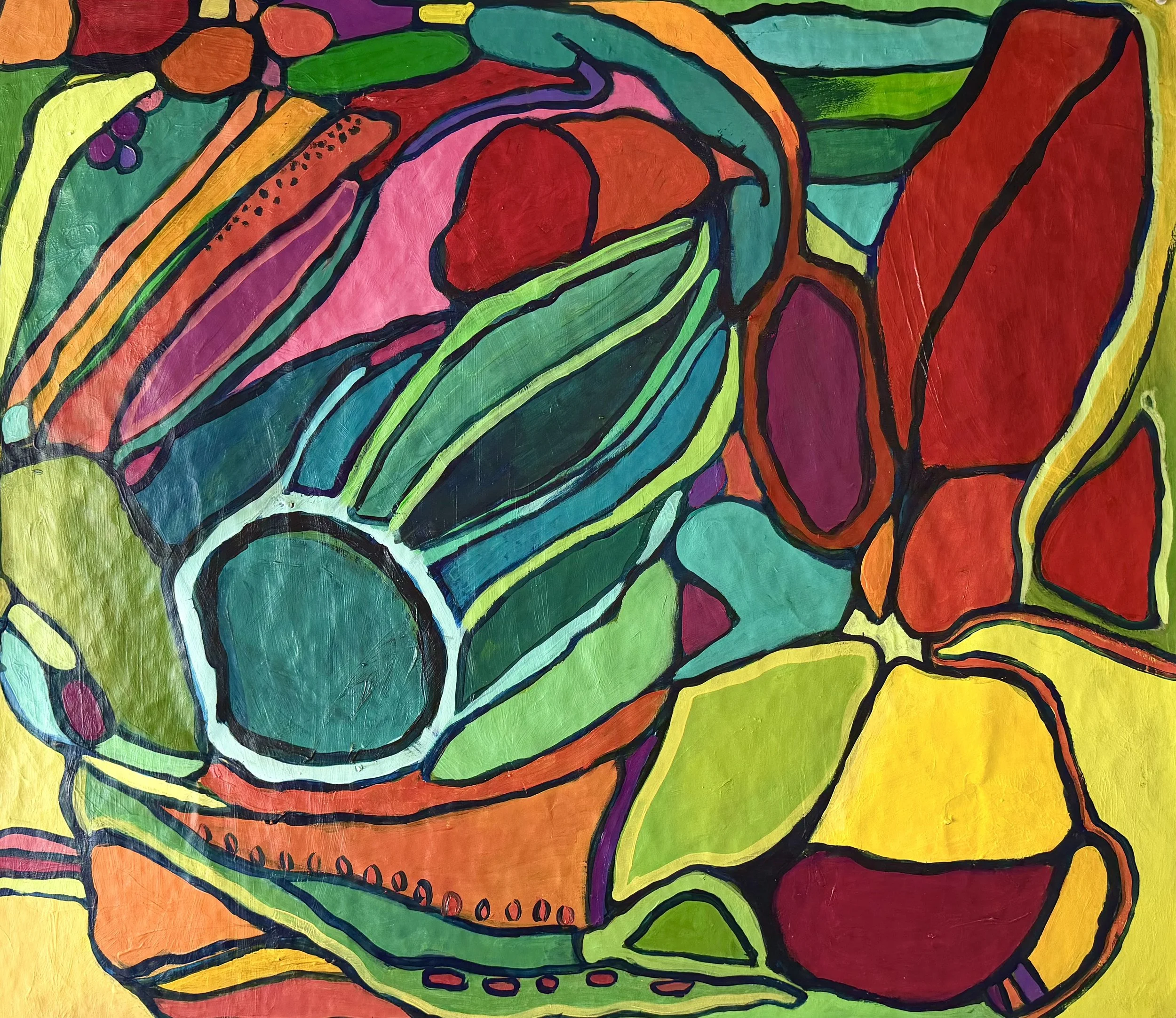 Colorful abstract painting with various shapes and bold black outlines, featuring prominent greens, reds, yellows, blues, and purples.