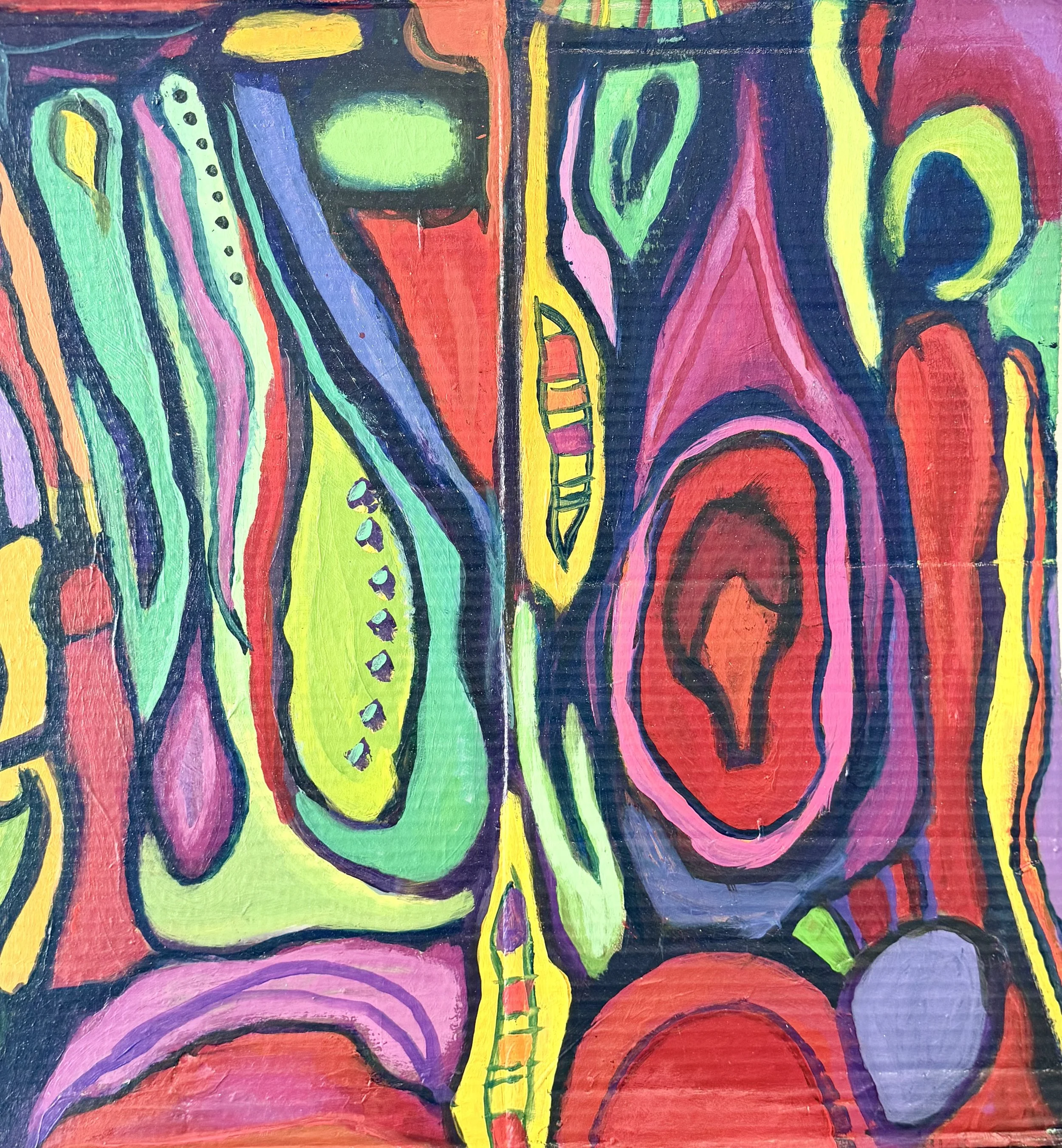 A colorful abstract painting with vibrant, irregular shapes outlined in black, featuring shades of green, red, pink, purple, blue, yellow, and orange.