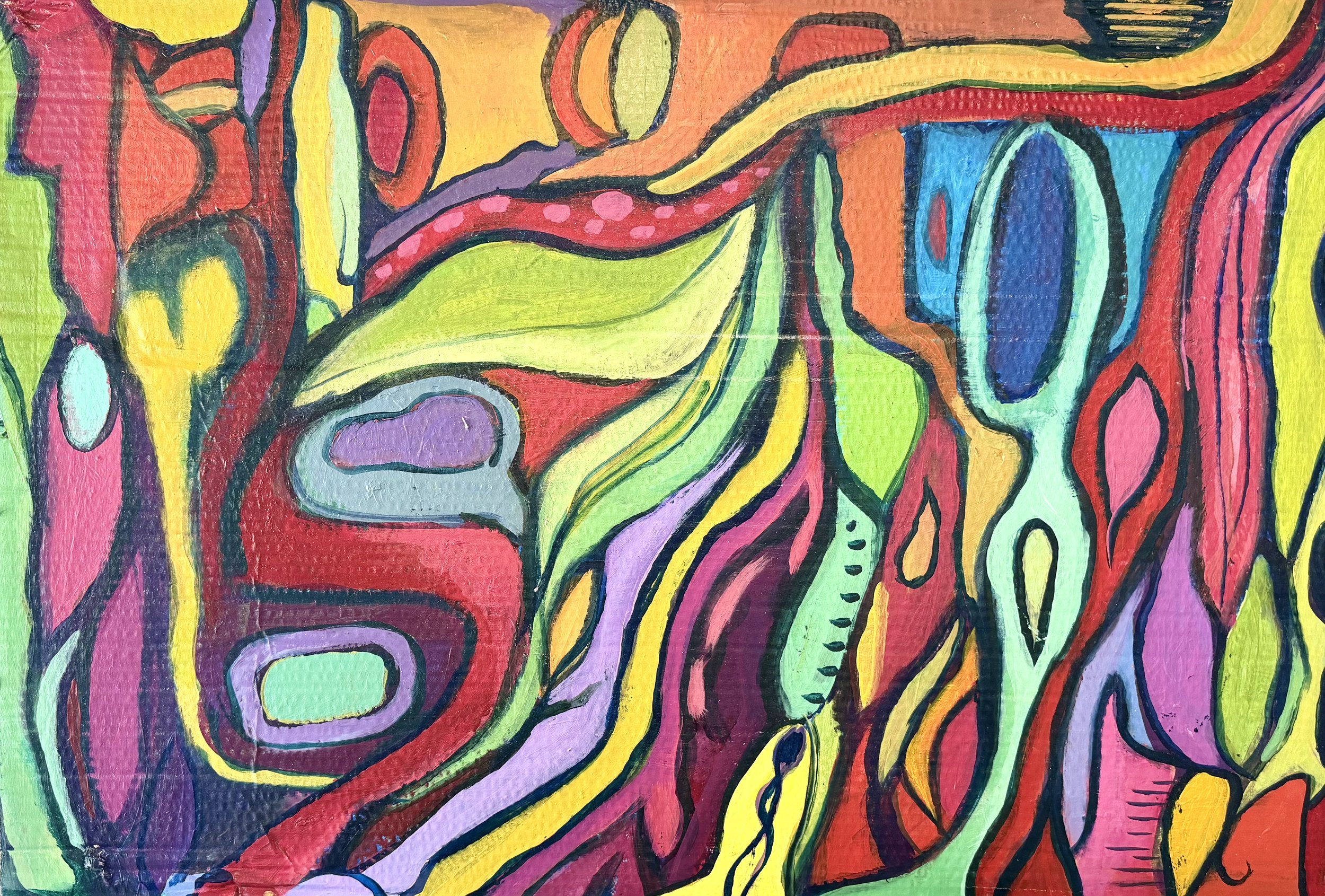 Colorful abstract painting with bold black outlines, featuring various organic shapes and vibrant colors including yellow, red, green, purple, blue, and orange.