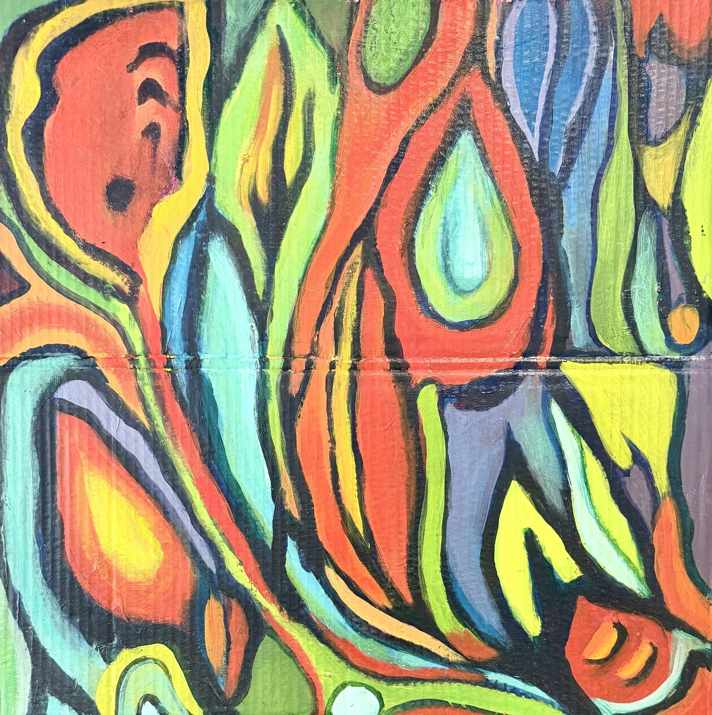 Abstract colorful painting with bold black outlines, featuring shapes in red, blue, green, yellow, and purple.