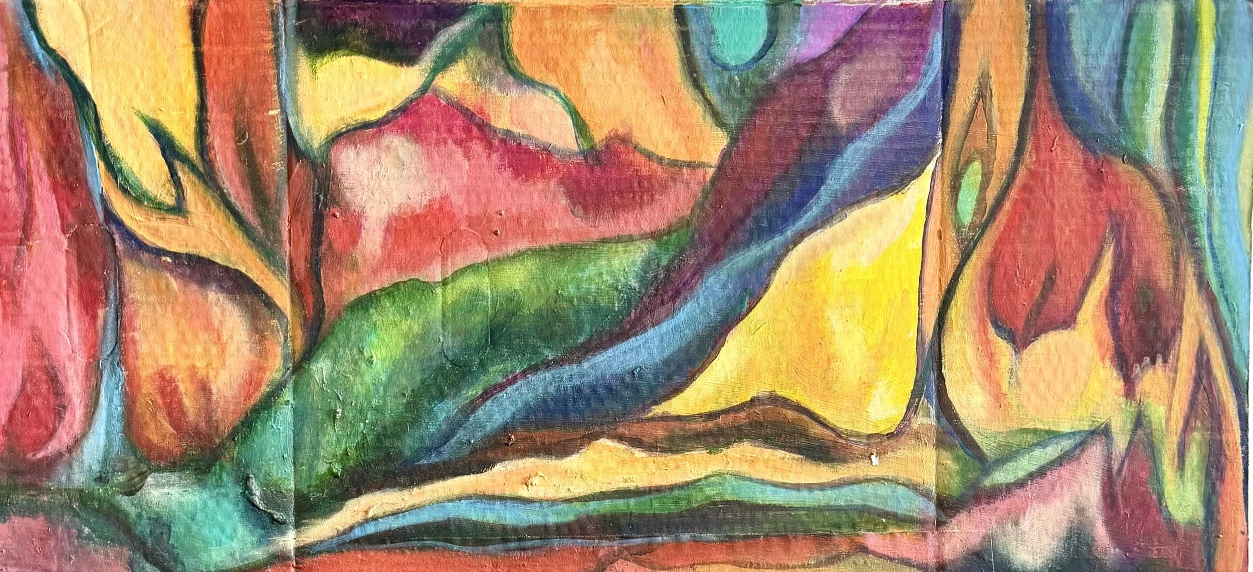 Colorful abstract painting with swirling shapes in shades of red, yellow, green, blue, and purple.